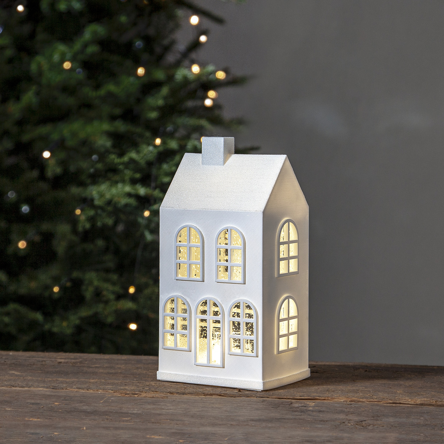 LED Haus - Wasserlaterne - 3 warmweiße LED - glitzernd - H: 15,5cm - Timer - Batteriebetrieb - weiß