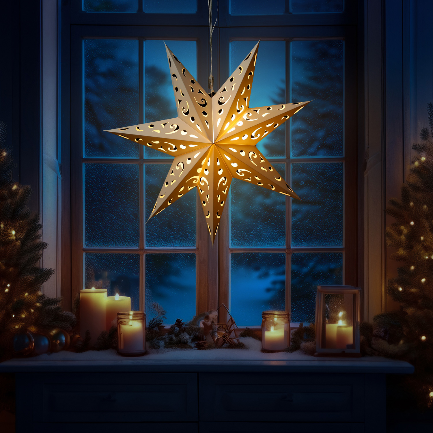 LED Papierstern - hängend - 7-zackig - 20 warmweiße LED - D: 58cm - Batterie - Timer - weiß