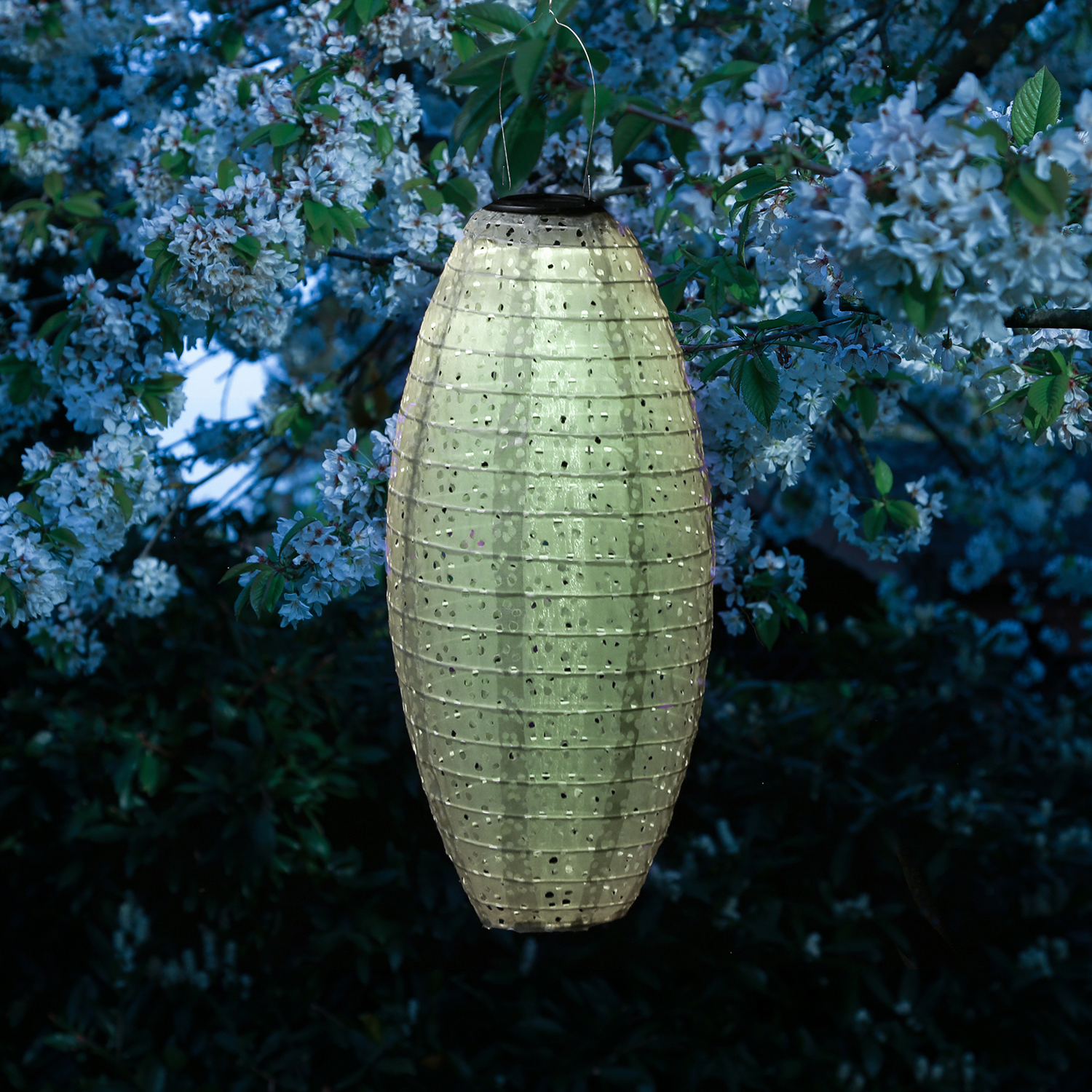LED Solar Lampions - mit Blumenmuster - warmweiß - H: 25cm/40cm - Lichtsensor - grün - 2 Stück