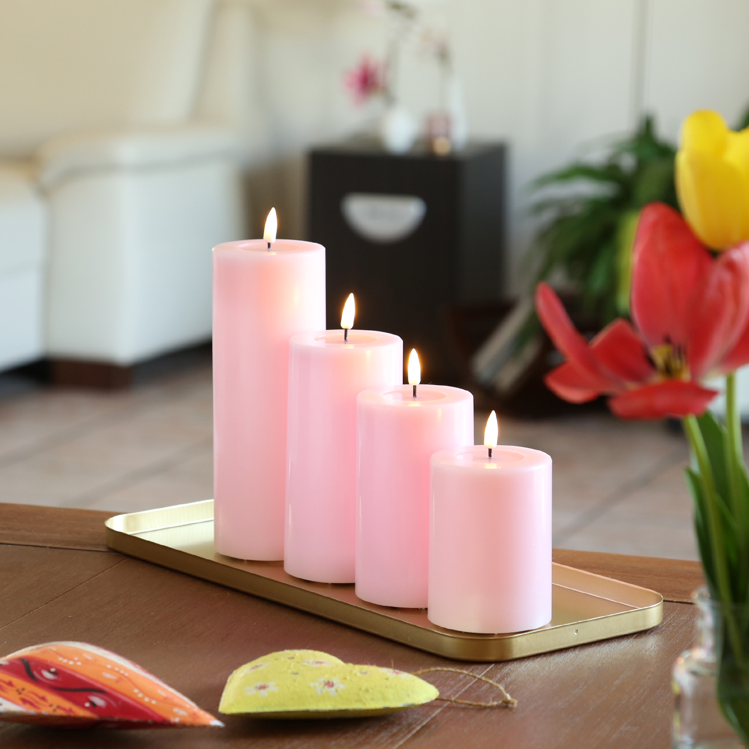 LED Stumpenkerze MIA - Echtwachs - realistische 3D Flamme - H: 10cm - Batteriebetrieb - rosa