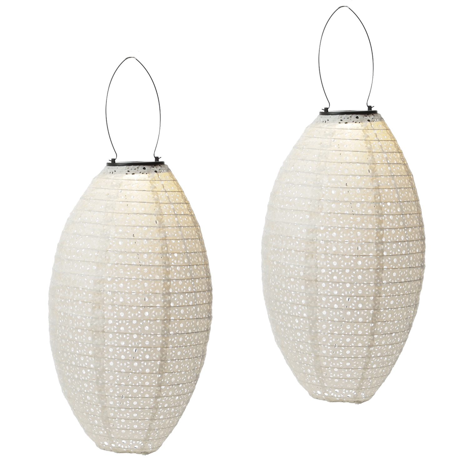 LED Solar Lampion oval - mit Blumenmuster - warmweiße LED - H: 38cm D:23cm - Sensor - weiß - 2 Stück