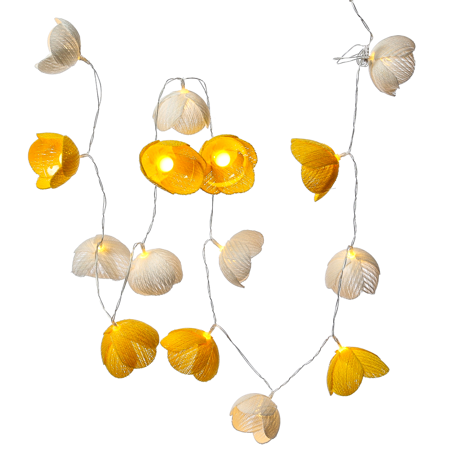 LED Lichterkette Blumen - 15 weiße u. gelbe Blüten - Batterie/Timer - L: 1,4m - Innen/Außen