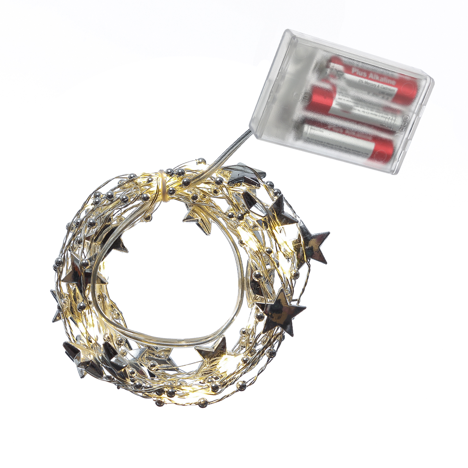 LED Drahtlichterkette Sterne und Perlen - 20 warmweiße LED - L: 1,9m - Batterie - silber