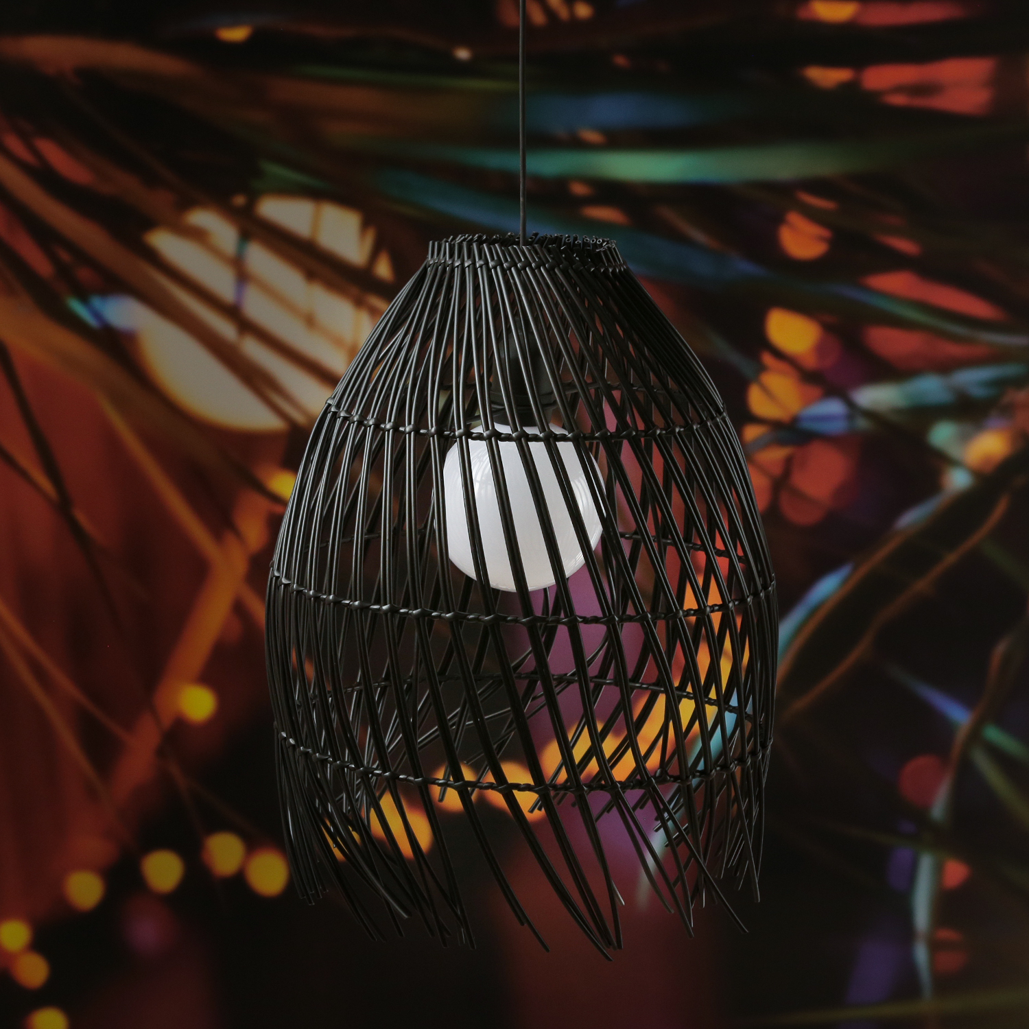 LED Solar Haengeleuchte BOHO - Lampenschirm in Korboptik - warmweiss - H- 36cm - Lichtsensor - schwarz