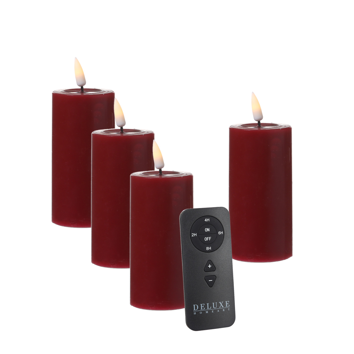 LED Kerzenset MIA - Echtwachs - H: 10cm/D: 5cm - mit Batterien/Fernbedienung - bordeauxrot - 4er Set