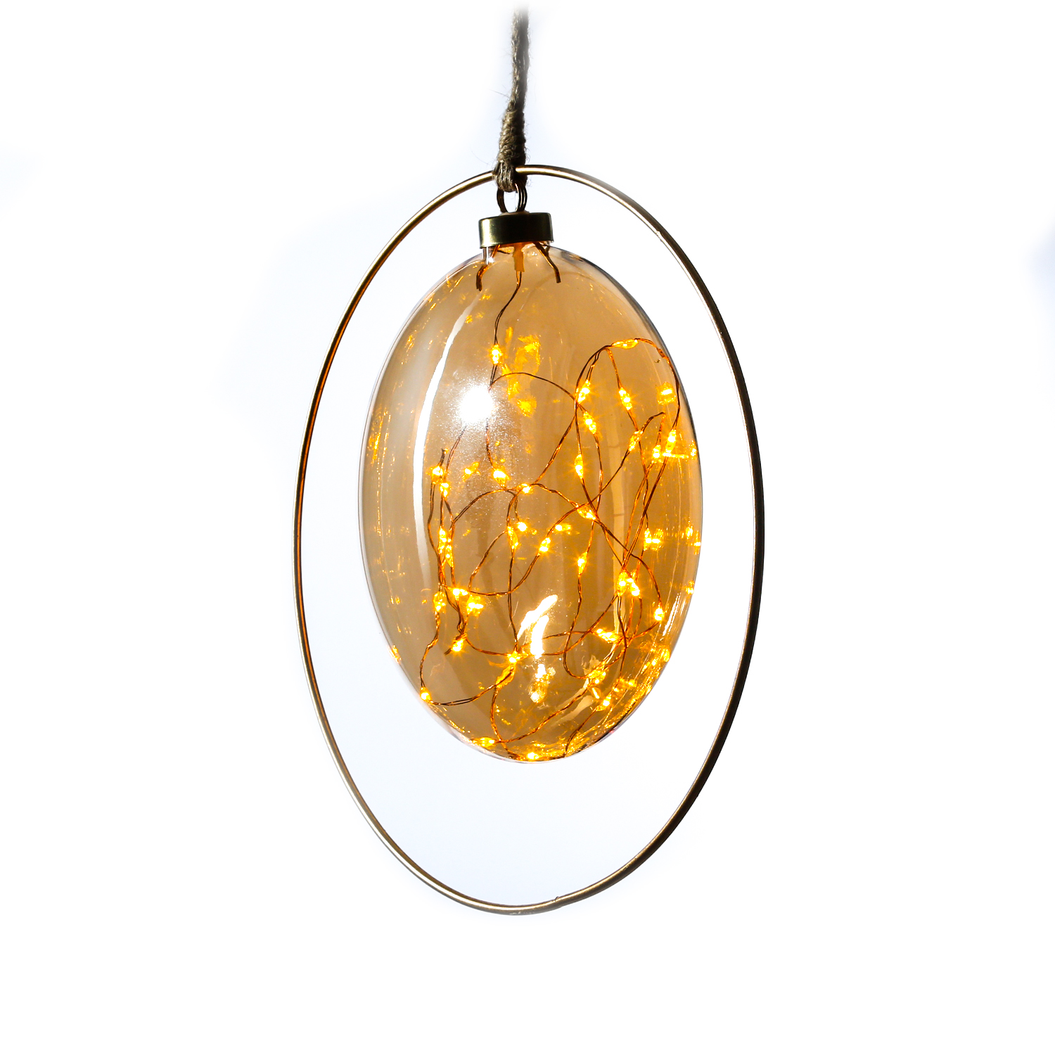 LED Glaskugel JUTTA - mit Juteseil und Ring - 40 bernsteinfarbene LED - D: 26cm - Timer - bernstein
