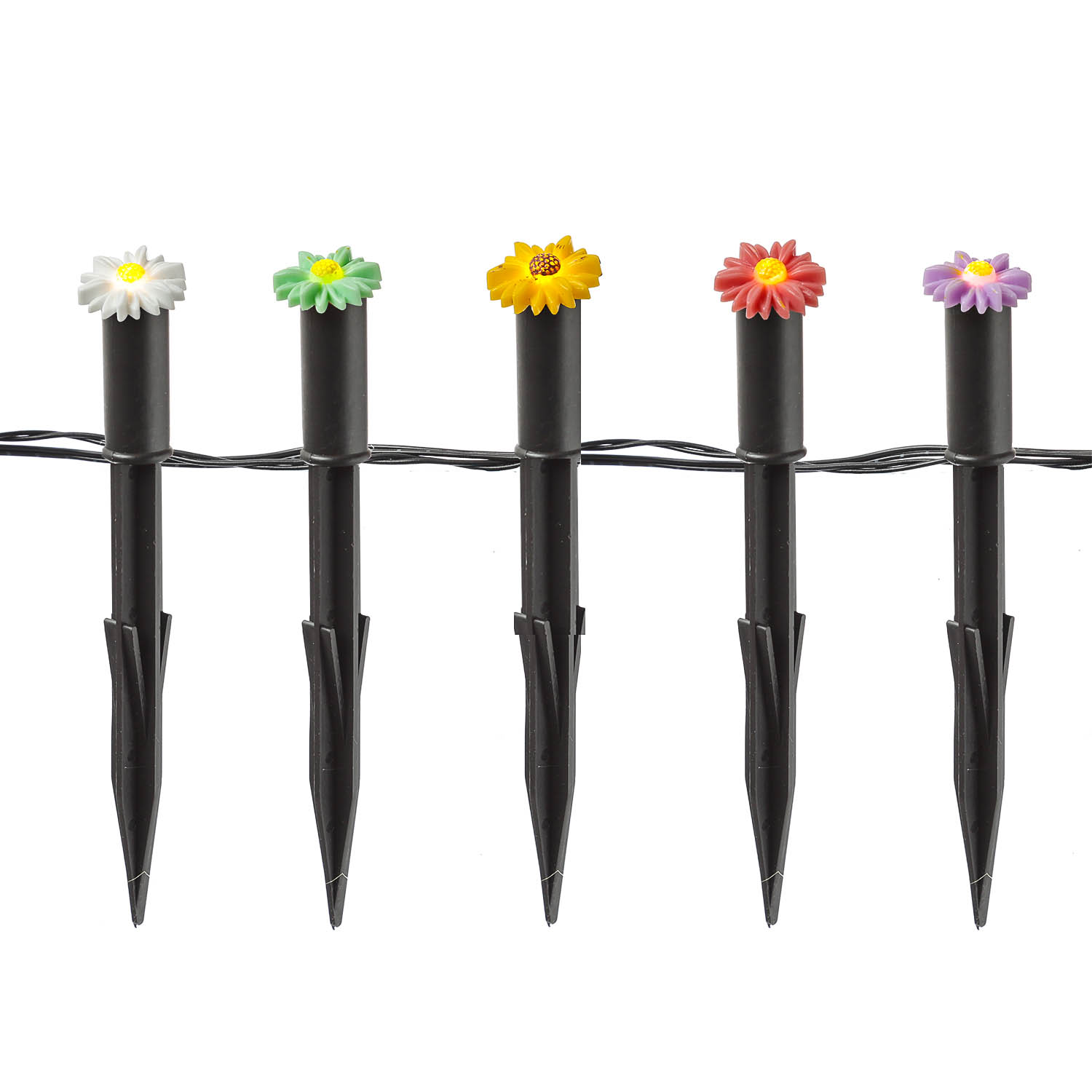 LED Solar Lichterkette Blumen - 5 Gartenstecker mit bunten Blümchen - L: 1,2m H: 17cm - Lichtsensor
