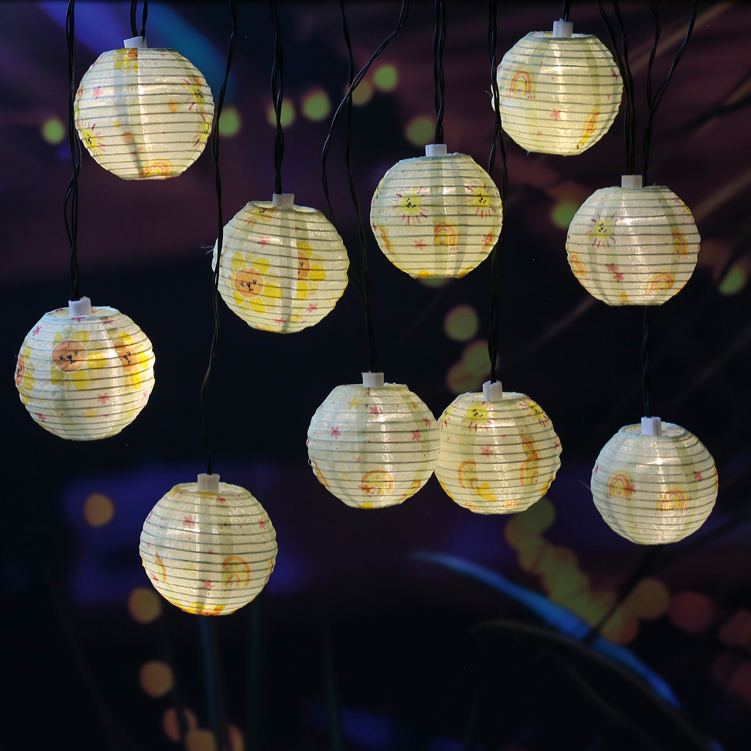 LED Solar Lichterkette LAMPION - Sonne und Blumen Motiv - 10 LED - L: 4,5m - Sensor - gelb