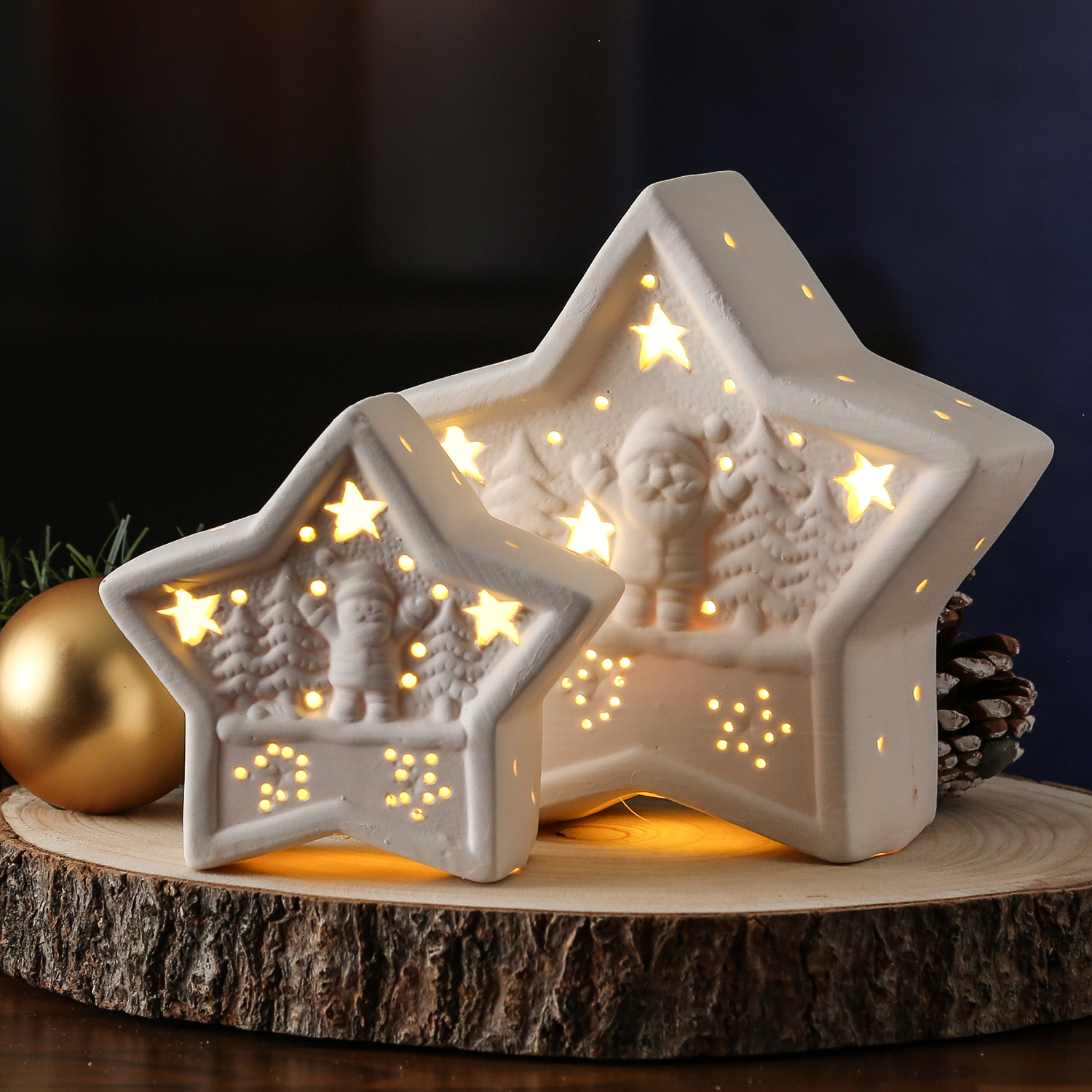LED Dekostern NIKOLAUS - Keramik - weihnachtliches Motiv - H: 16cm - Batterie - weiß