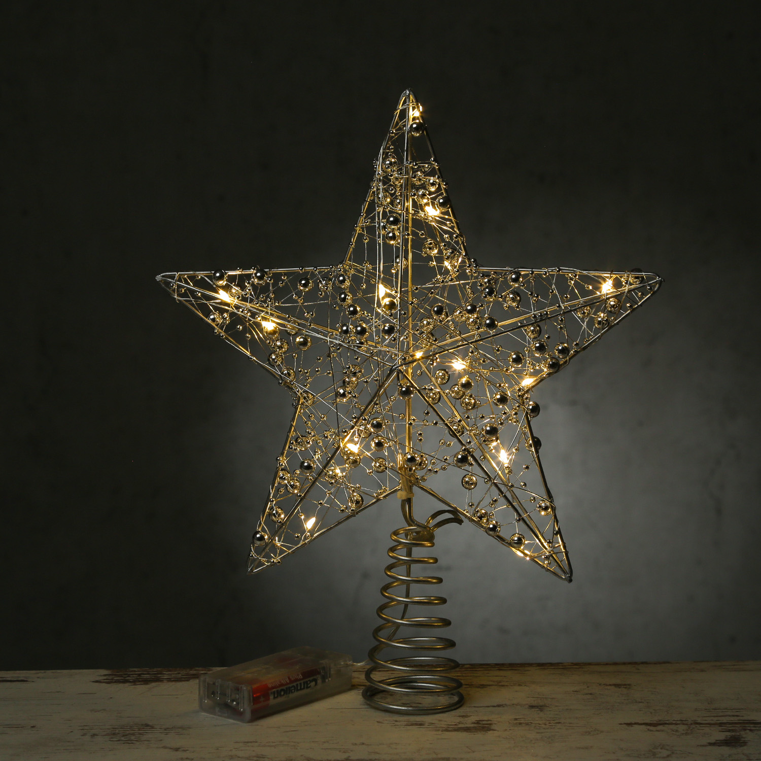 LED Weihnachtsbaumspitze Stern mit Perlen - 15 warmweiße LED - Batterie - Timer - H: 29cm - silber