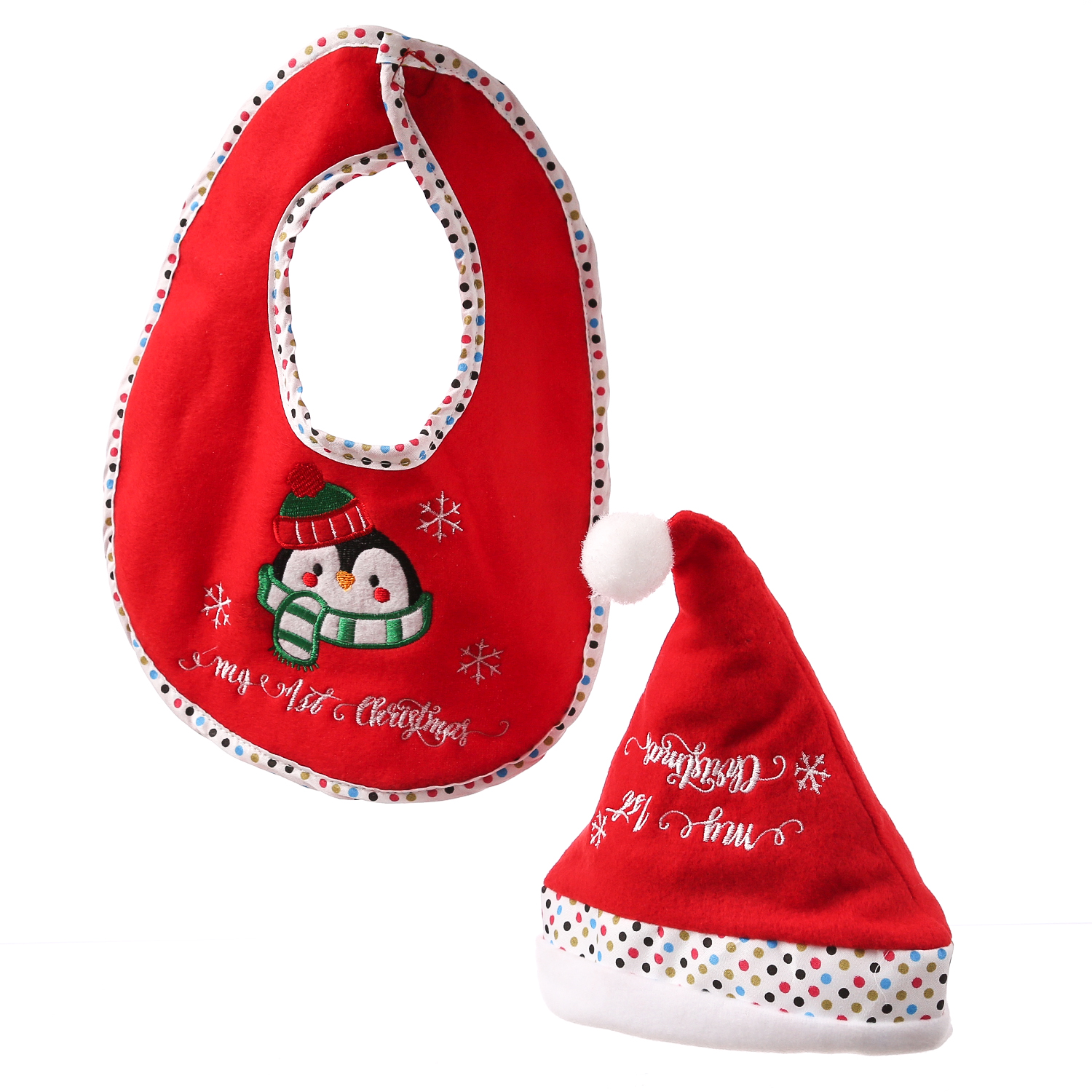 Baby Weihnachts-Geschenkset MY FIRST - Mütze und Lätzchen mit Pinguin - Polyester - rot, weiß