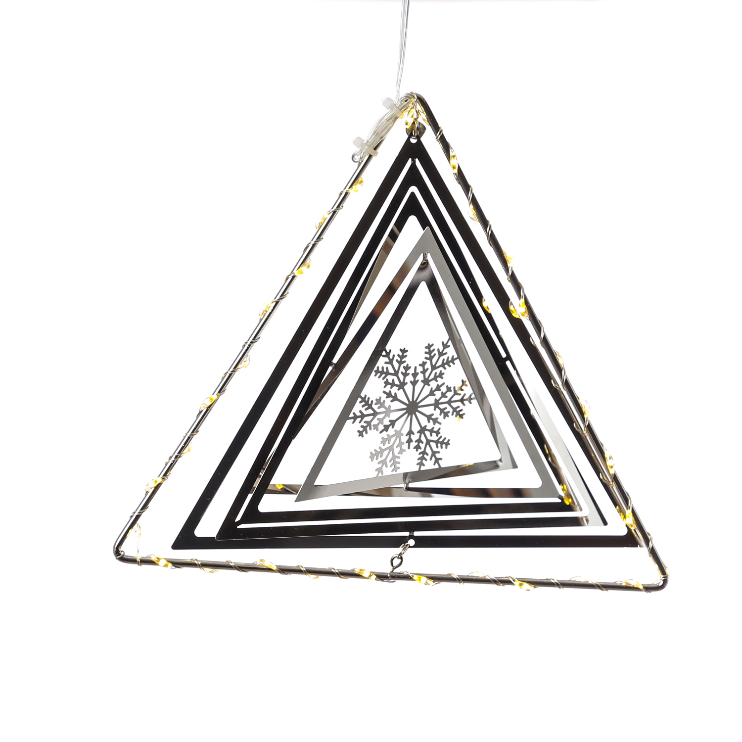 LED Dreieck mit Schneeflocke - 3D Dekohänger - 30 warmweiße LED - H: 16,5cm - Timer - silber