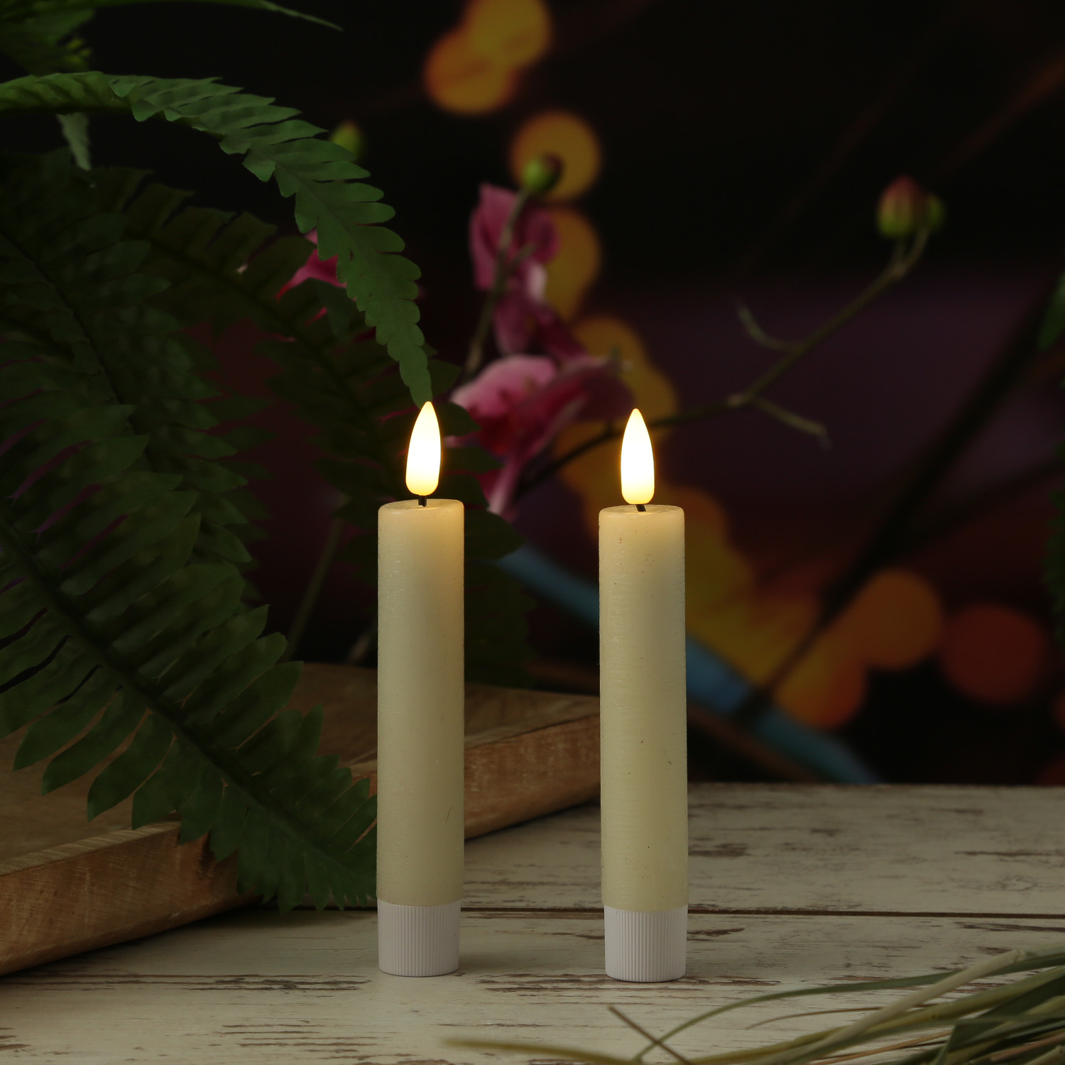 LED Stabkerzen LINA - Rustik-Optik - Echtwachs - 3D Flamme - H: 14cm - Timer - creme - 2er Set