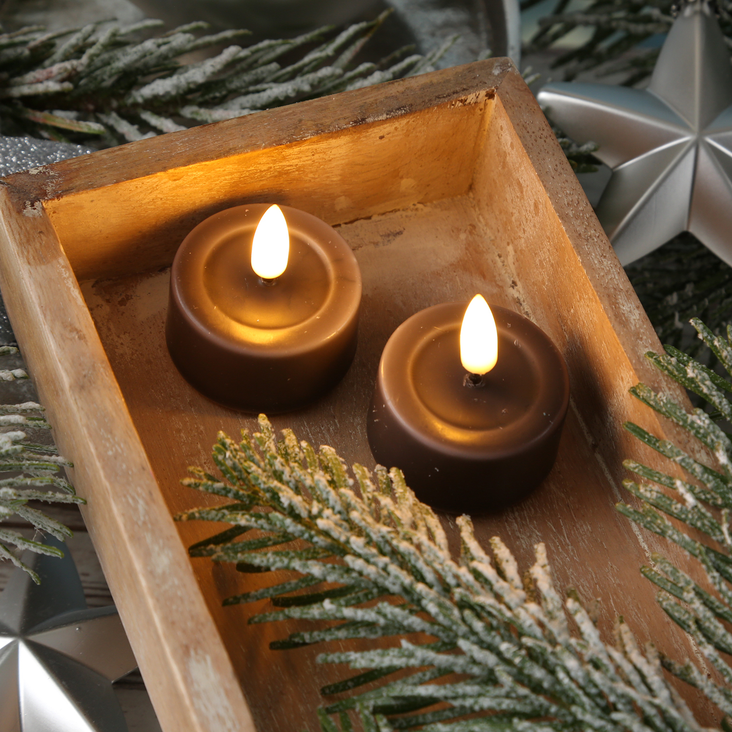 LED Teelichter MIA - Kunststoff - realistische 3D Flamme - D: 4,1cm - mokkafarben - 2 Stk