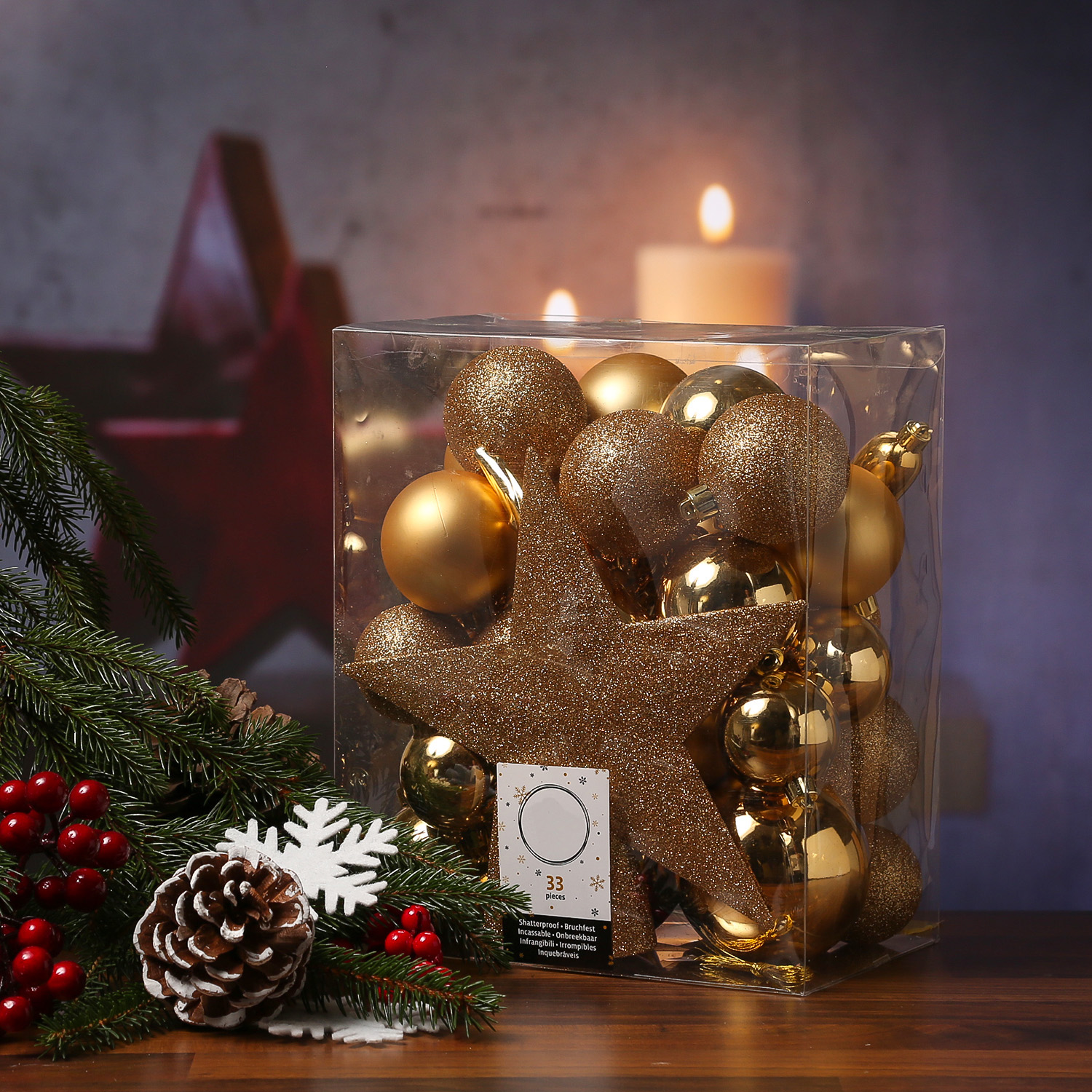Christbaumkugel - Weihnachtsbaumkugel - bruchfest - glänzend, matt und glitzernd - gold - 33er Set