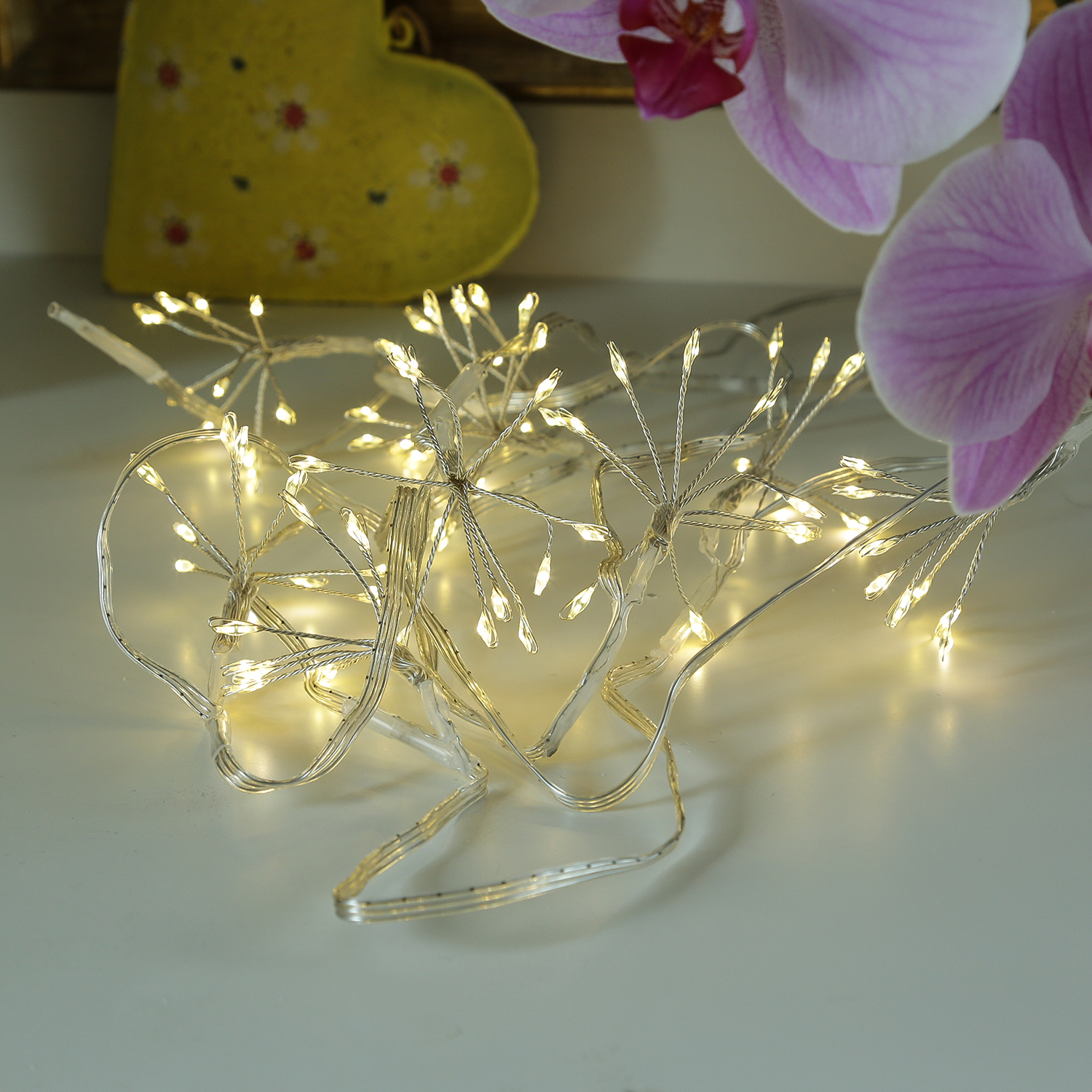 LED Lichterkette Pusteblume - Feuerwerk Blume - 90 Tautropfen LED - 9 Blüten - L:2m - Timer - silber