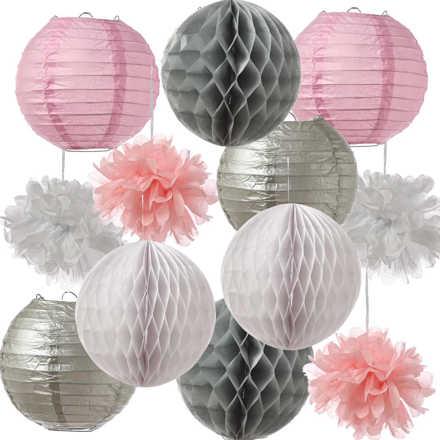Partyset Papierdekoration 12 Teilig - grau/weiß/rosa Lampion, Pompon