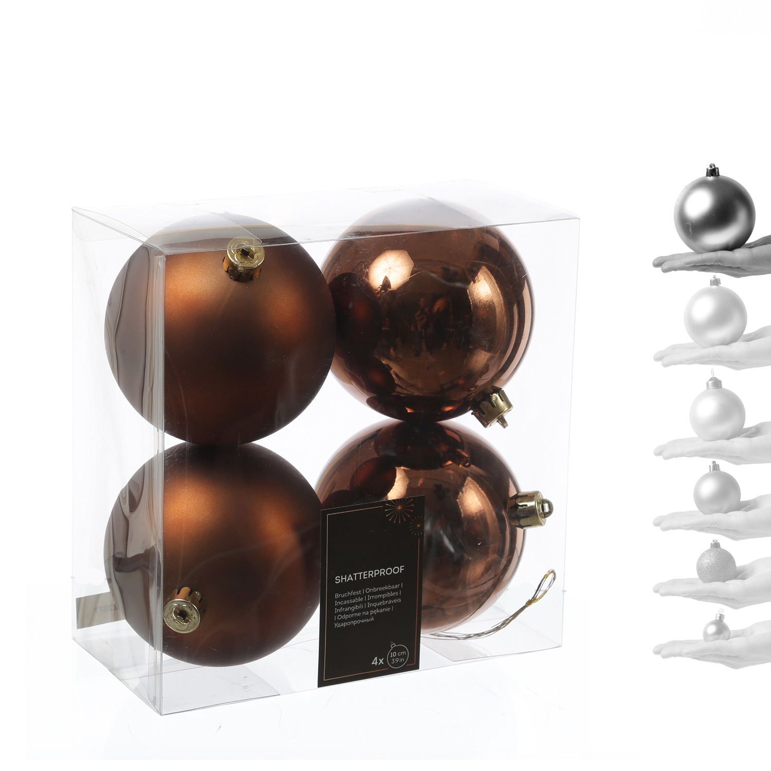 Christbaumkugeln - Weihnachtsbaumkugeln - bruchfest - D: 10cm - glänzend/matt - braun - 4er Set