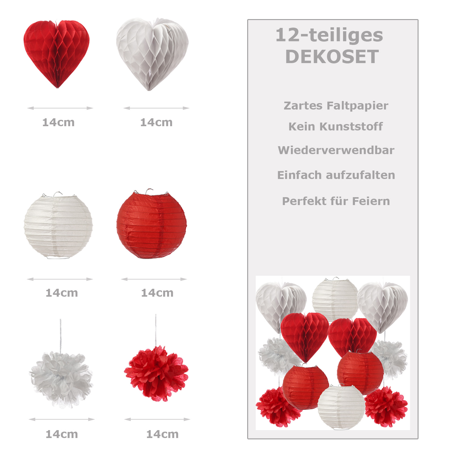 Partyset Papierdekoration 12 Teilig - rot/weiß Lampion, Pompon, Herzen