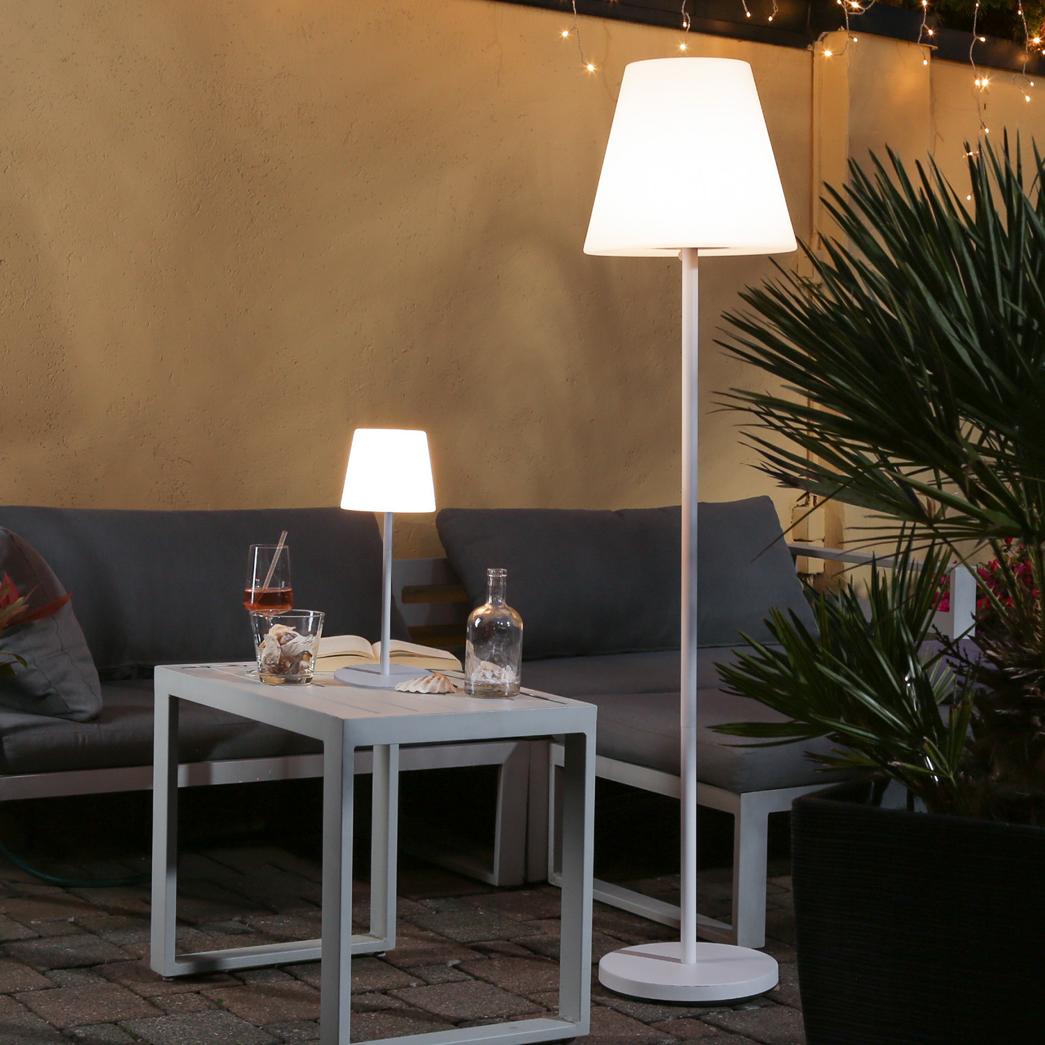 LED Garten Tischlampe - 4 Helligkeitsstufen - 2 Höhen - H: 40cm - wiederaufladbar per USB - f. Außen