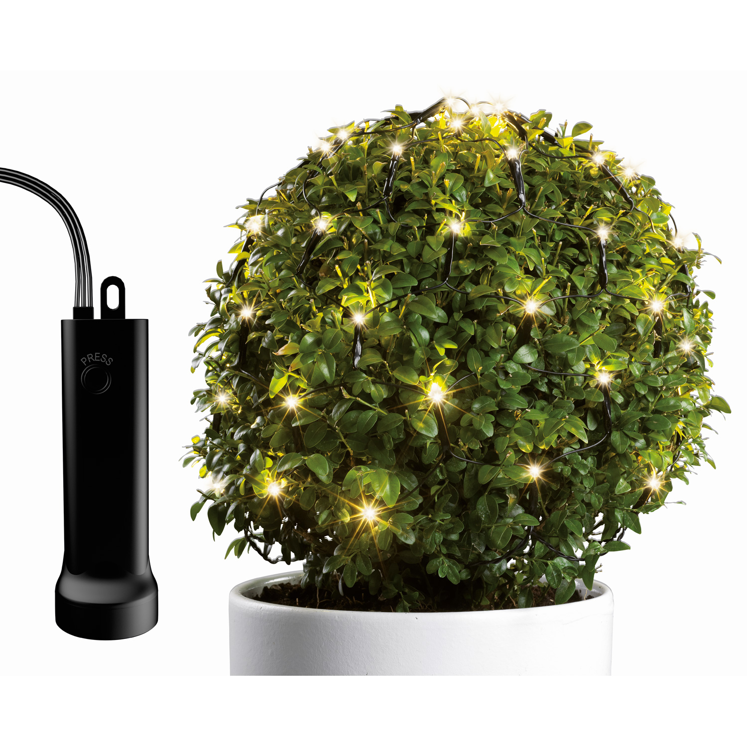 LED Lichternetz Buchsbaum - 60 warmweiße LED - D: 35cm - 8 Funktionen - Timer - Batterie - schwarz