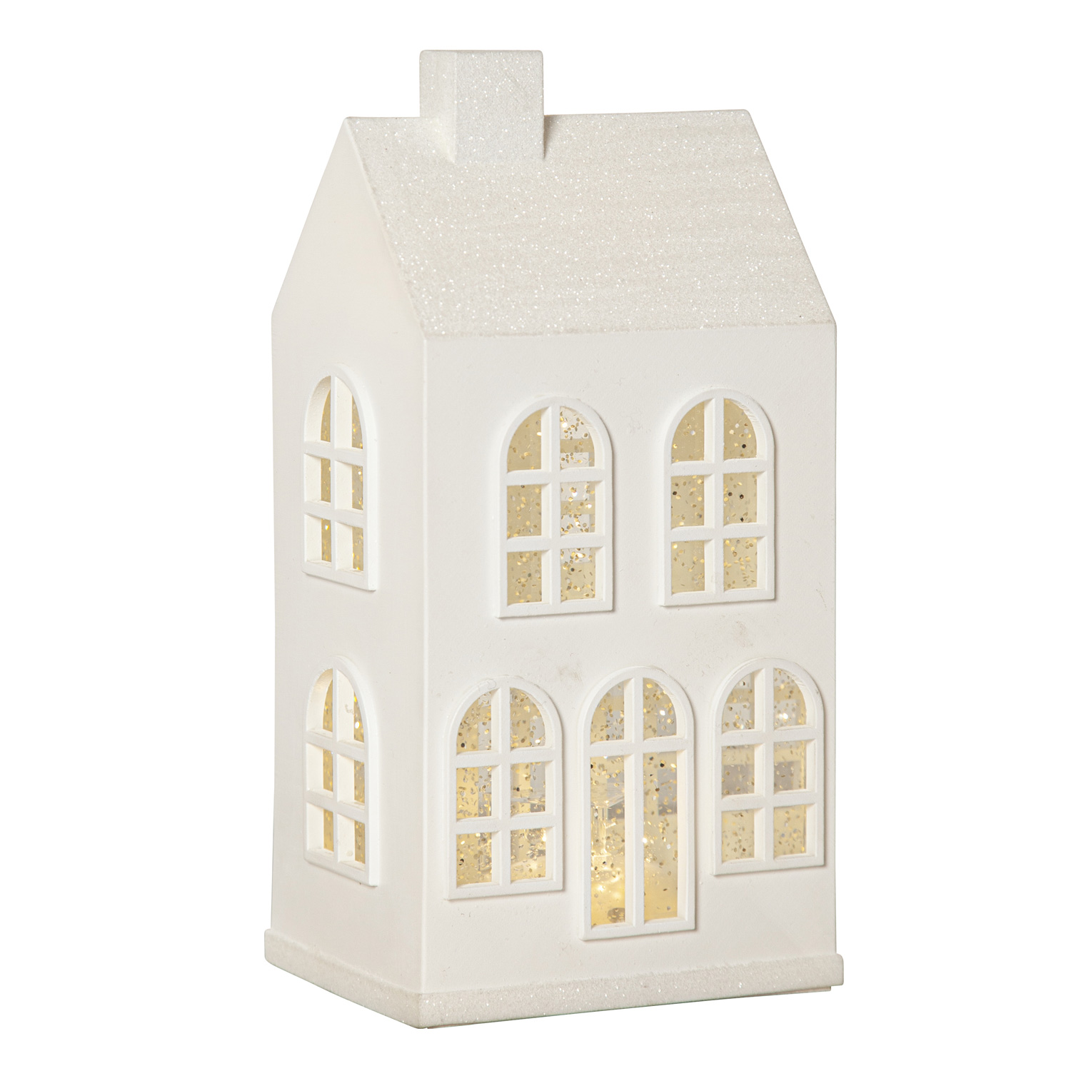 LED Haus - Wasserlaterne - 3 warmweiße LED - glitzernd - H: 15,5cm - Timer - Batteriebetrieb - weiß