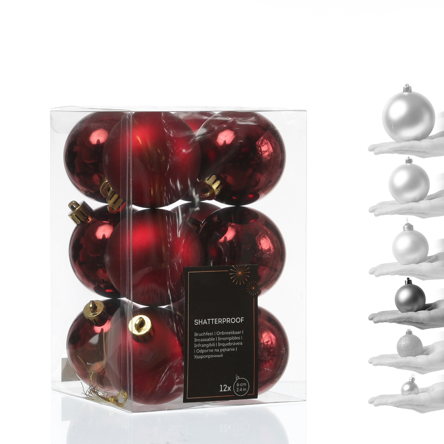 Christbaumkugeln - Weihnachtbaumskugeln - bruchfest - D: 6cm - glänzend/matt  - weinrot - 12er Set