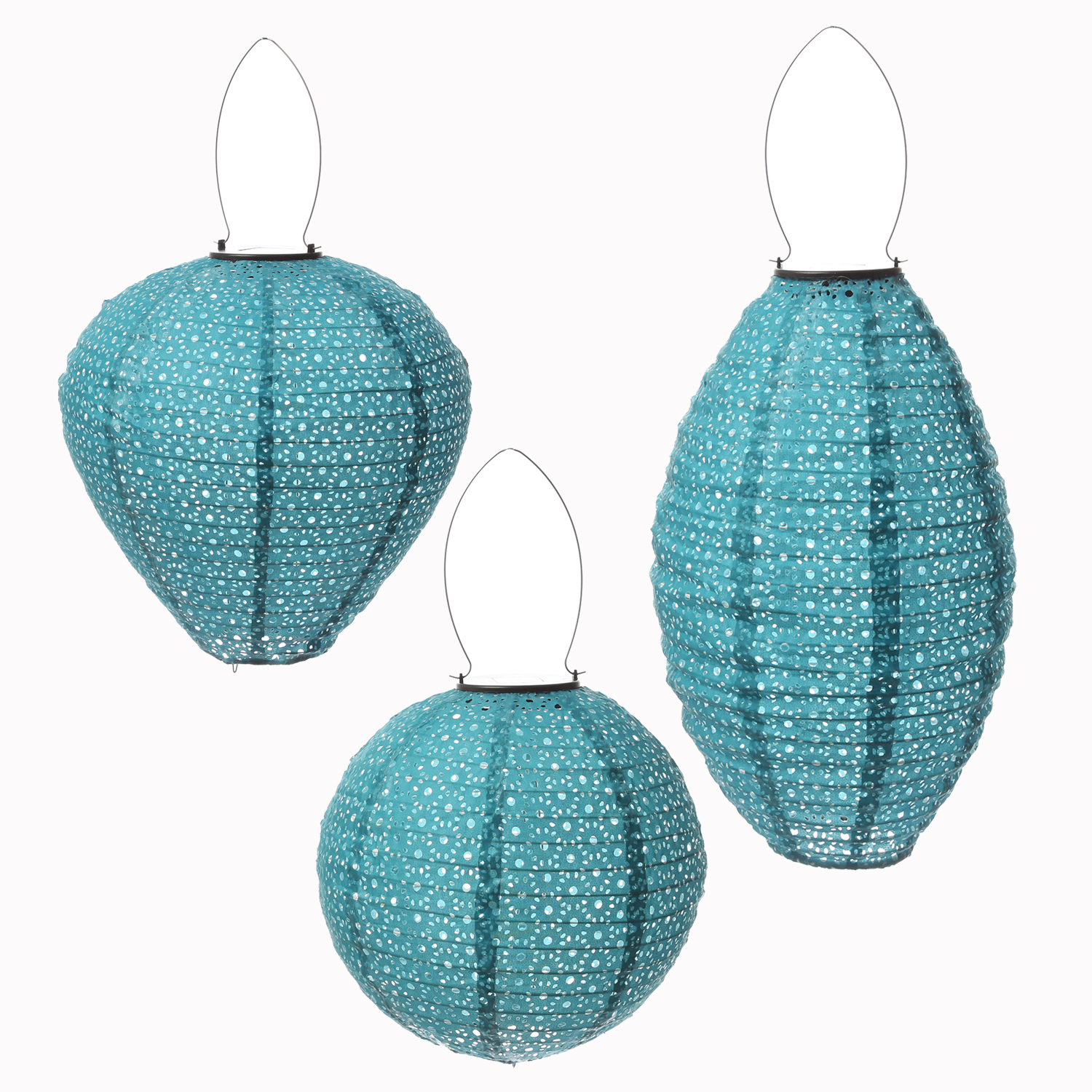 LED Solar Lampions mit Blumenmuster - oval/rund/Ballonform - Lichtsensor - blau - 3er Set