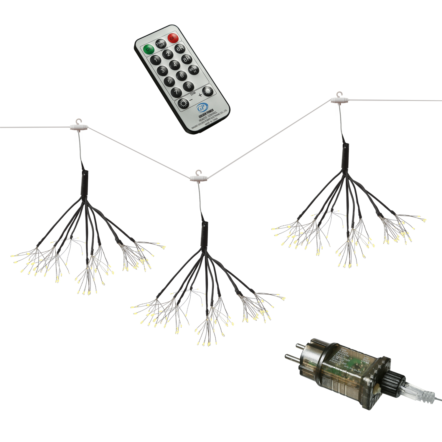 LED Feuewerk Leuchte - Polarsterne - Pusteblume - 240LED - hängend - 8Funkt./Fernb.- 3er Set schwarz