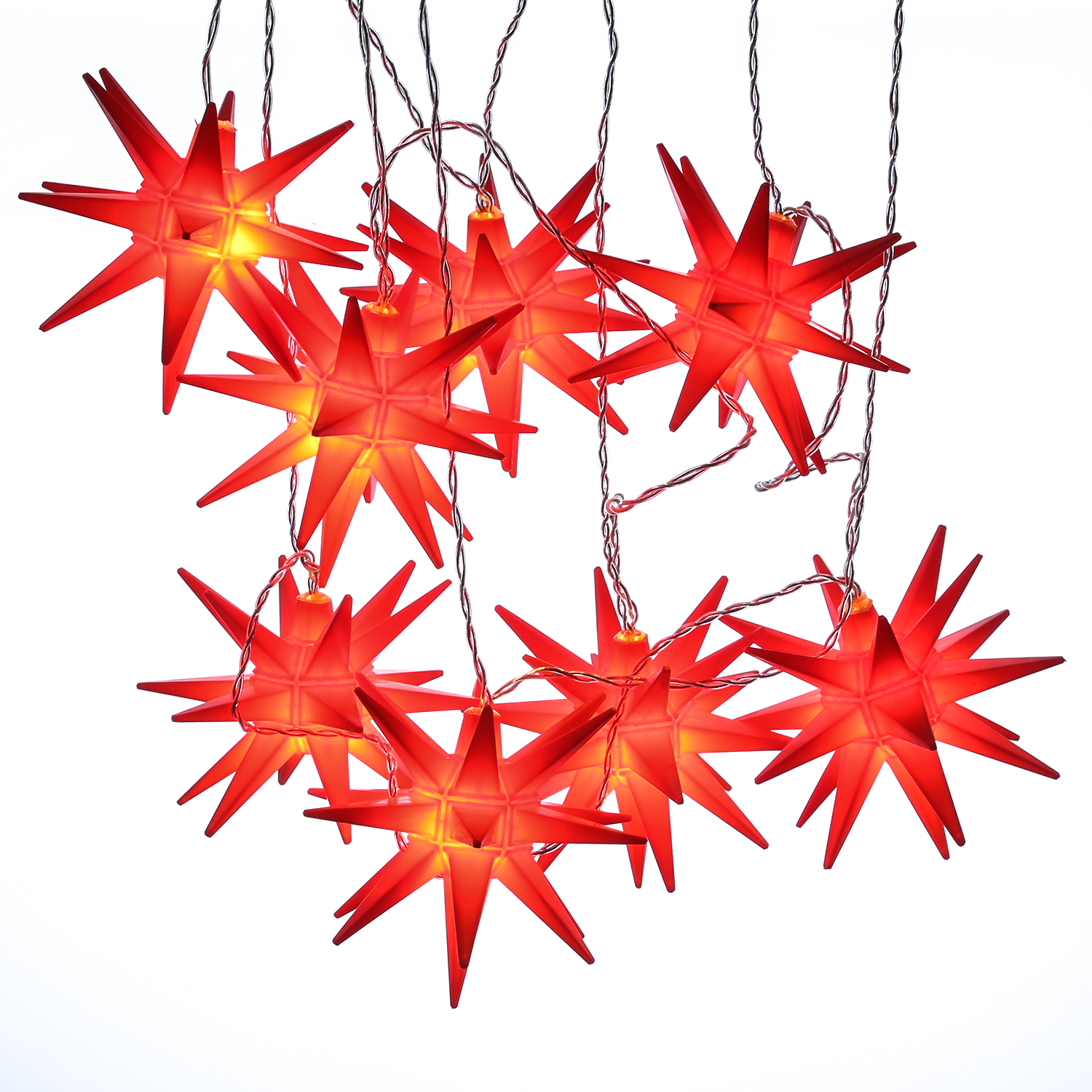 LED Lichterkette 3D Sterne - 5 warmweiße LED - L: 1,60m - Timer - Batterie - für Außen - rot