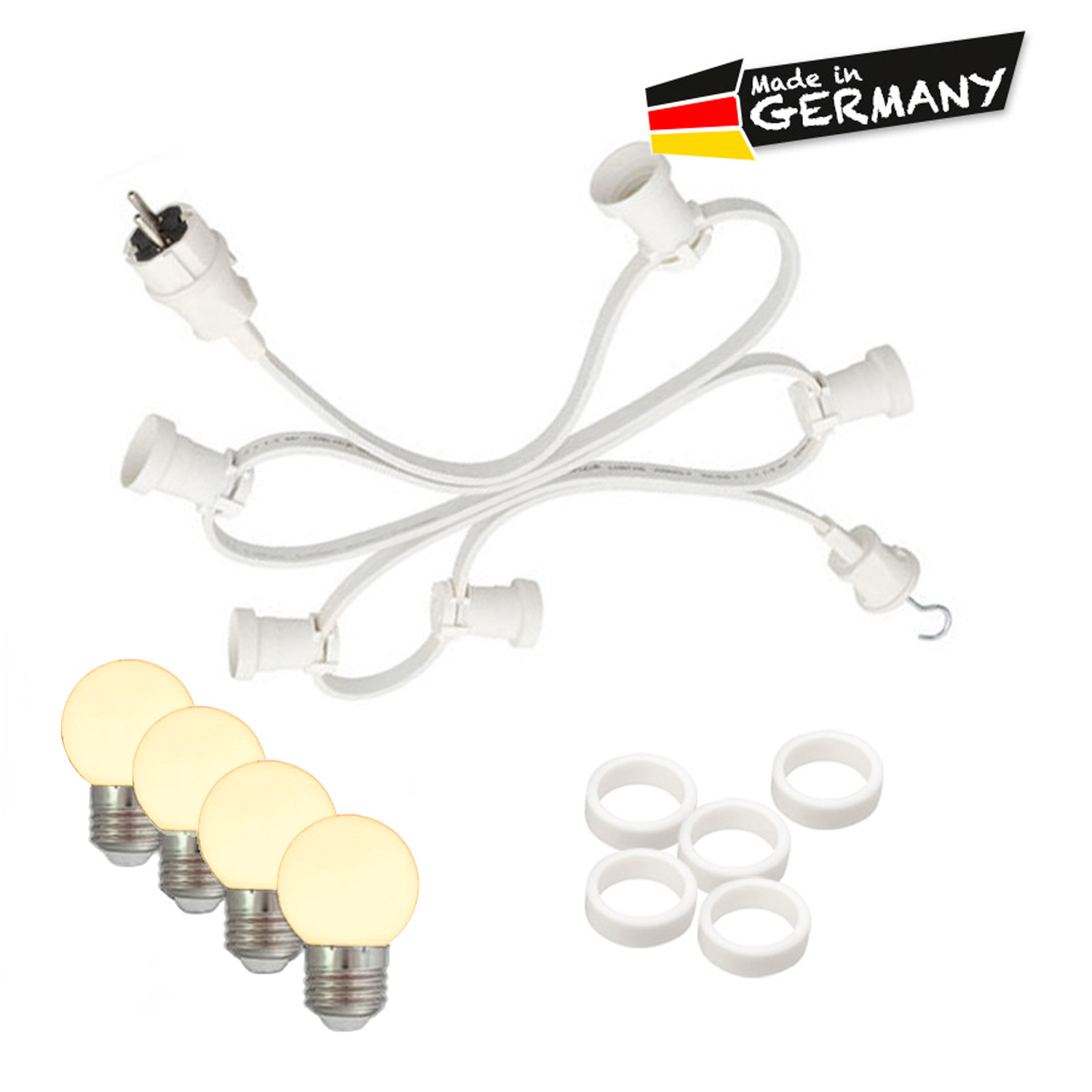 Illu-/Partylichterkette 10m - Außenlichterkette weiß -Made in Germany - 20 warmweiße LED Kugellampen