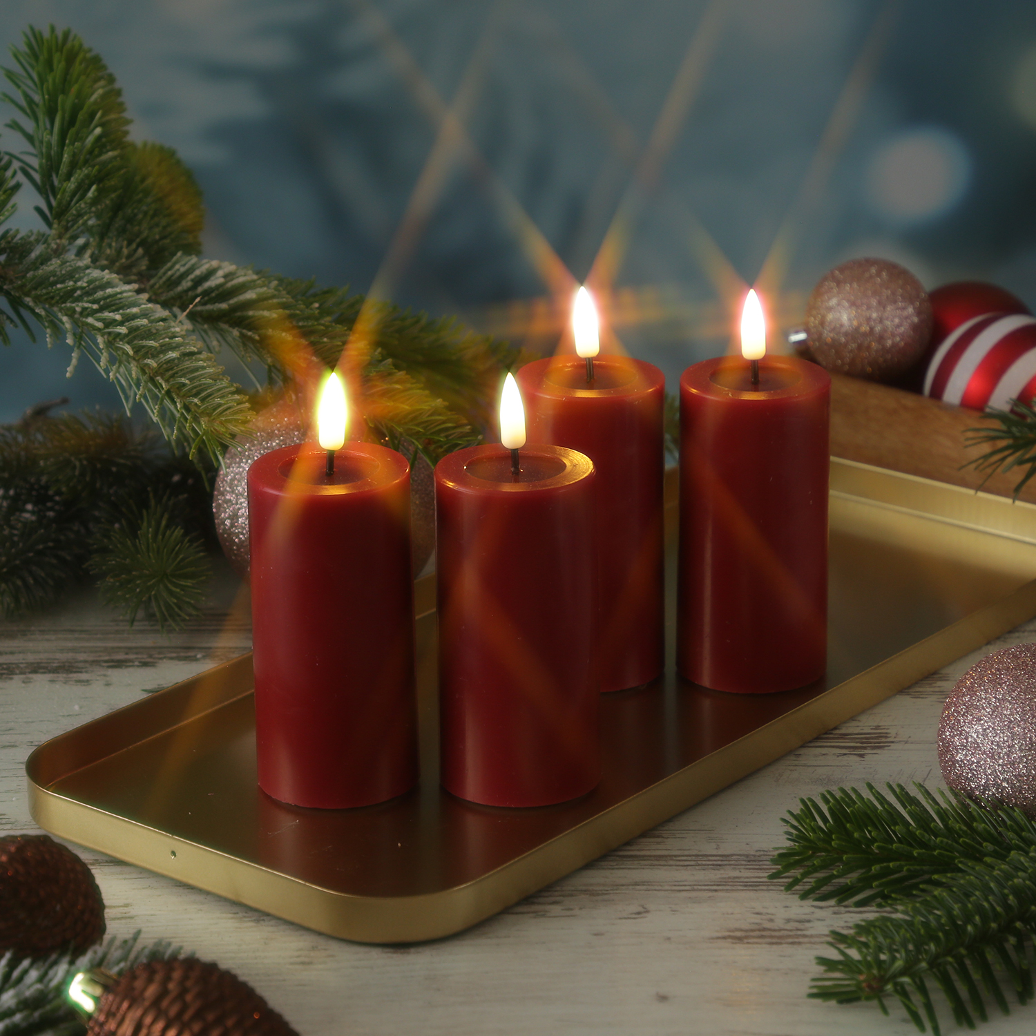 LED Kerzenset MIA - Echtwachs - H: 10cm/D: 5cm - mit Batterien/Fernbedienung - bordeauxrot - 4er Set