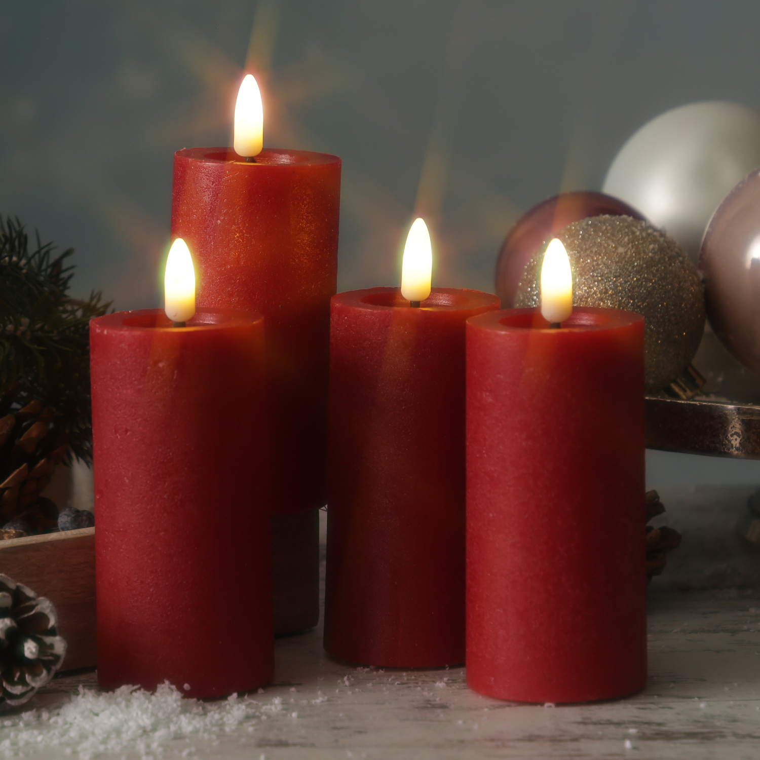 LED Kerzenset LINA - Rustik-Optik - Echtwachs - H: 12,5cm - D: 5cm - Timer - rot - 4er Set