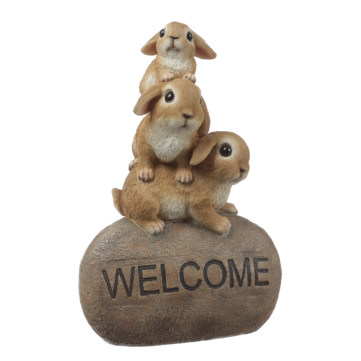 Gartenfigur Welcome - 3 Häschen auf Stein - Dekofigur - H: 26cm - Polyresin - braun