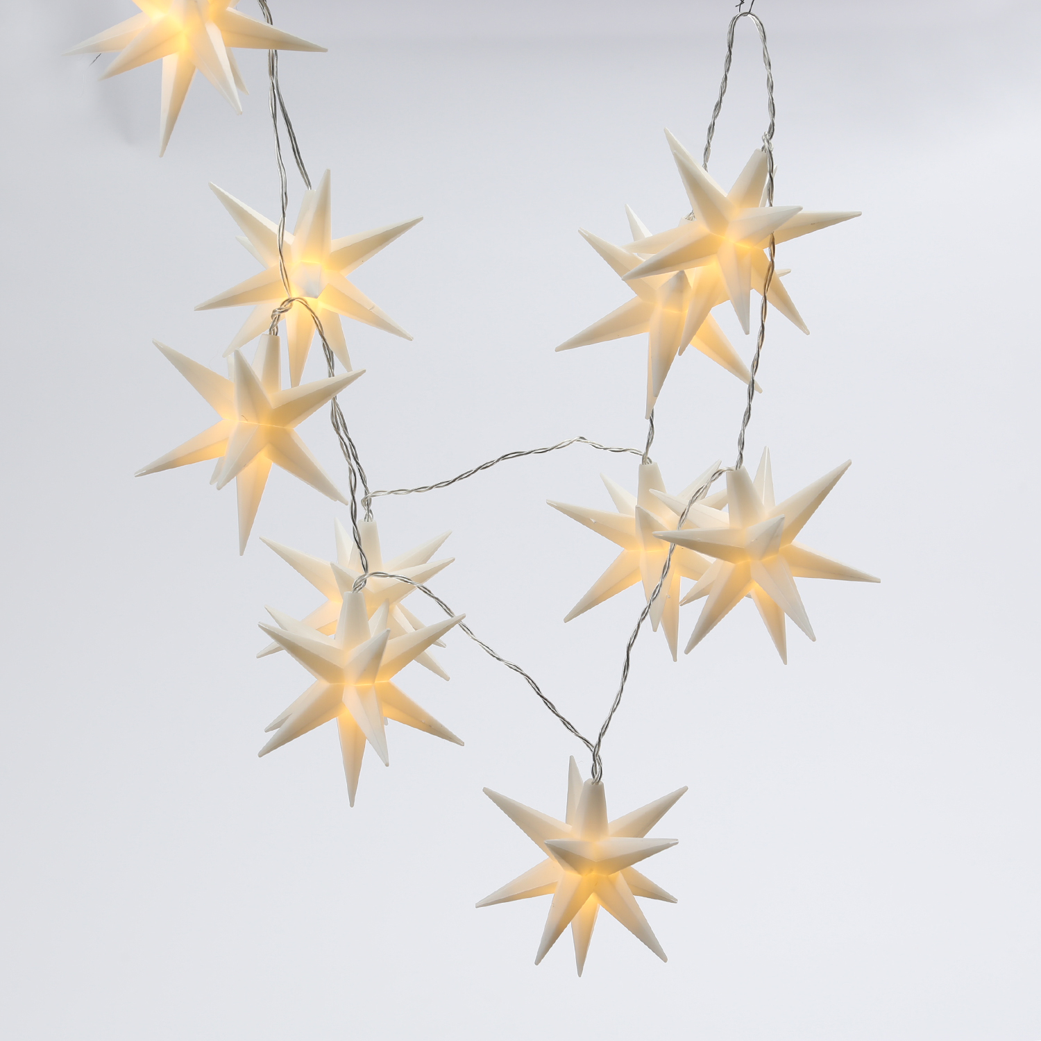 LED Lichterkette 3D Sterne - 10 warmweiße LED - L: 1,45m - Timer - Trafo - für Außen - weiß