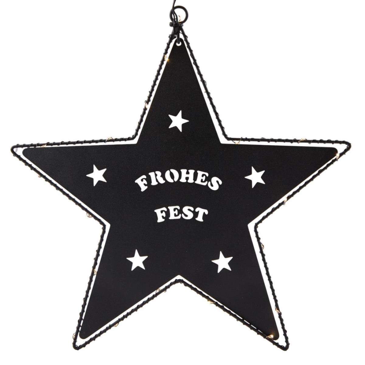 LED Hängestern FROHES FEST - Metallstern - 5-zackig - D- 27cm - 20 LED - Batteriebetrieb - schwarz