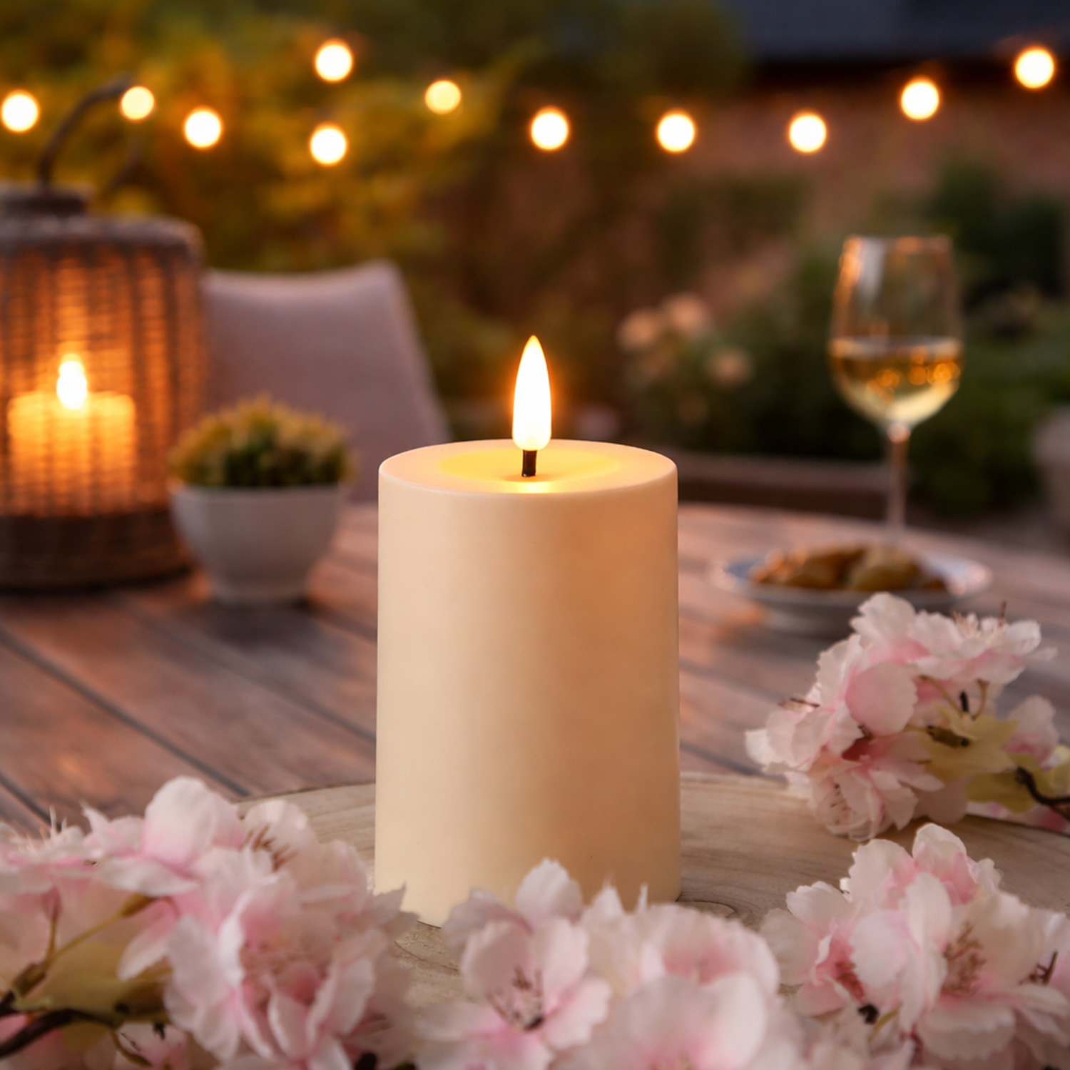 LED Solar Kerze - Outdoorkerze - H: 10cm, D: 7cm - Dämmerungssensor - für Außen - creme