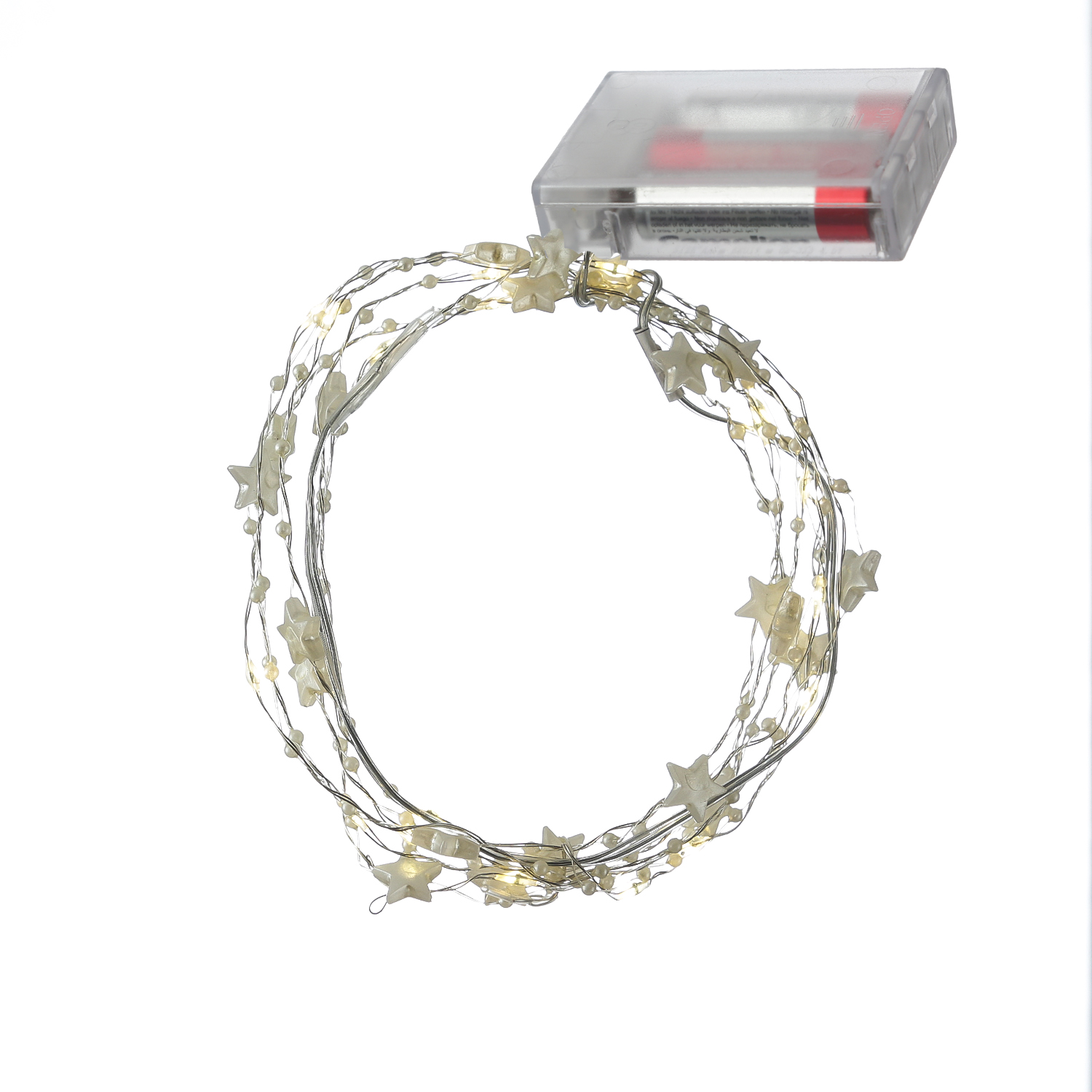 LED Drahtlichterkette Sterne und Perlen - 20 warmweiße LED - L: 1,9m - Batterie - weiß