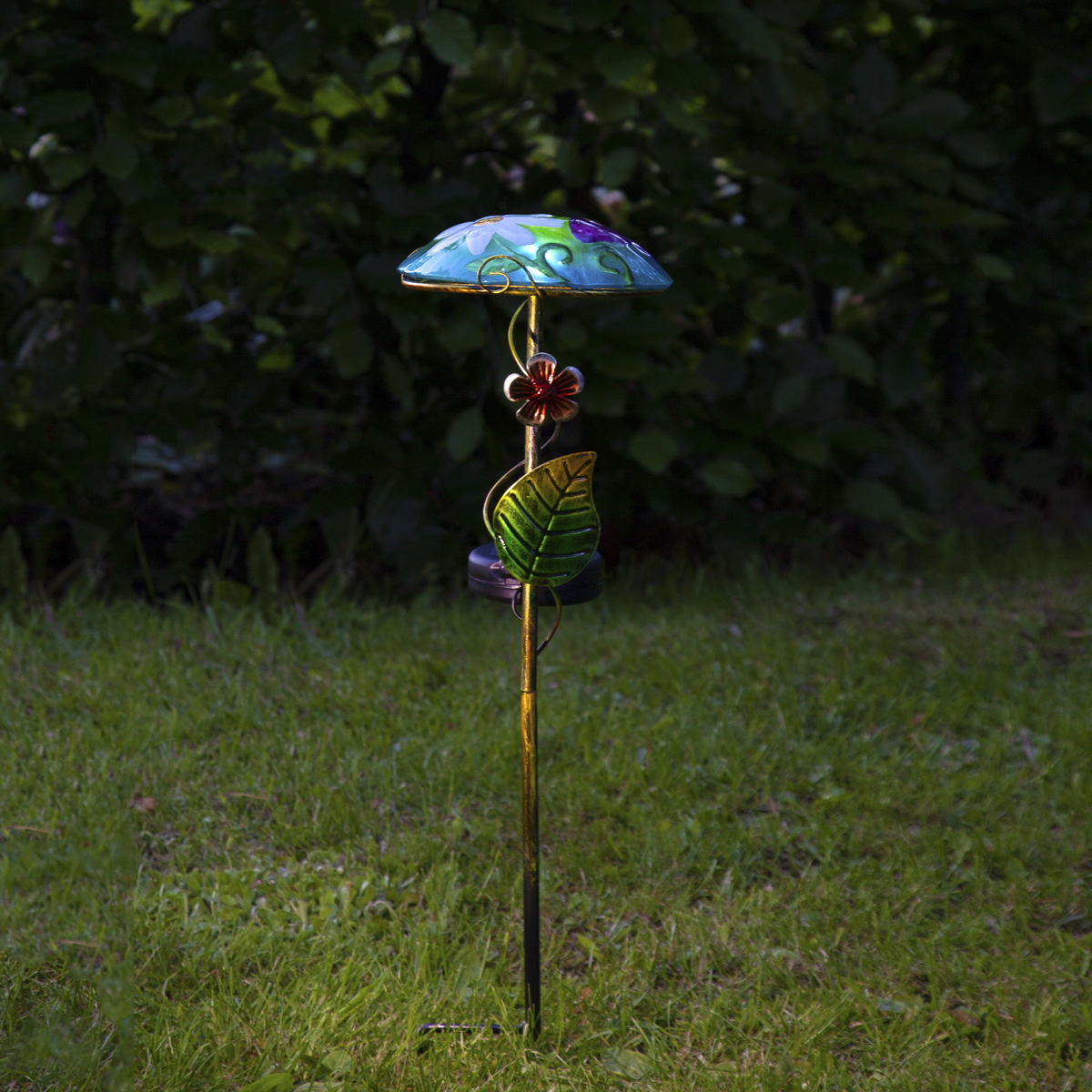 LED Solarstab "Glasschirm" - mit Schmetterling - blau - kaltweiße LED - H: 44cm - Dämmerungssensor
