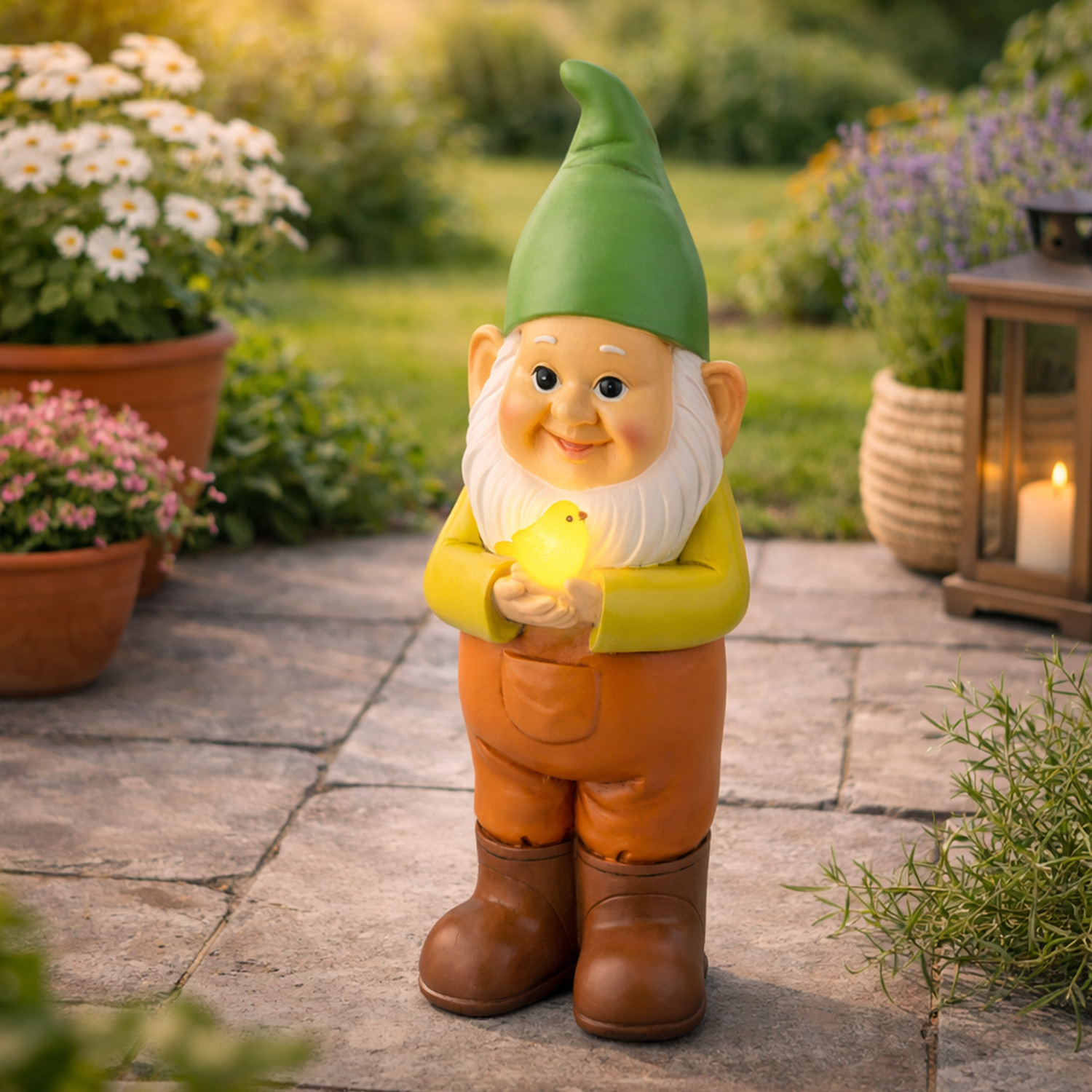 LED Solar Gartenzwerg mit Vogel - Gartenfigur - warmweiße LED - Lichtsensor - H: 28,5cm