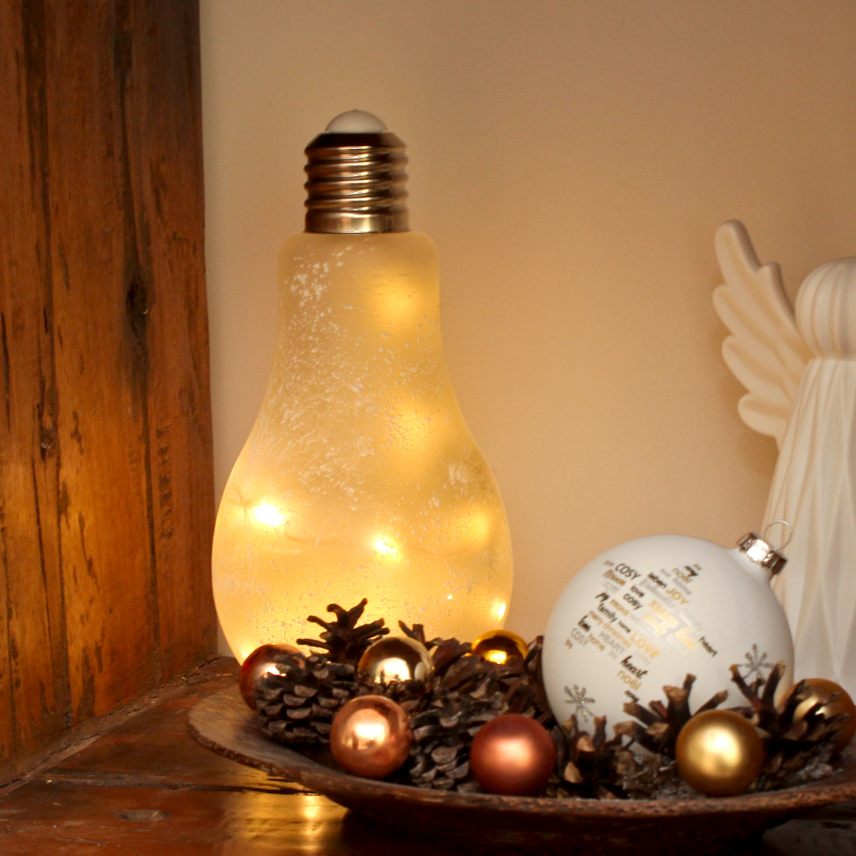 LED Dekoglas Trockenblumen im Schnee - Stabkerzenhalter - 10 warmweiße LED - H: 16cm