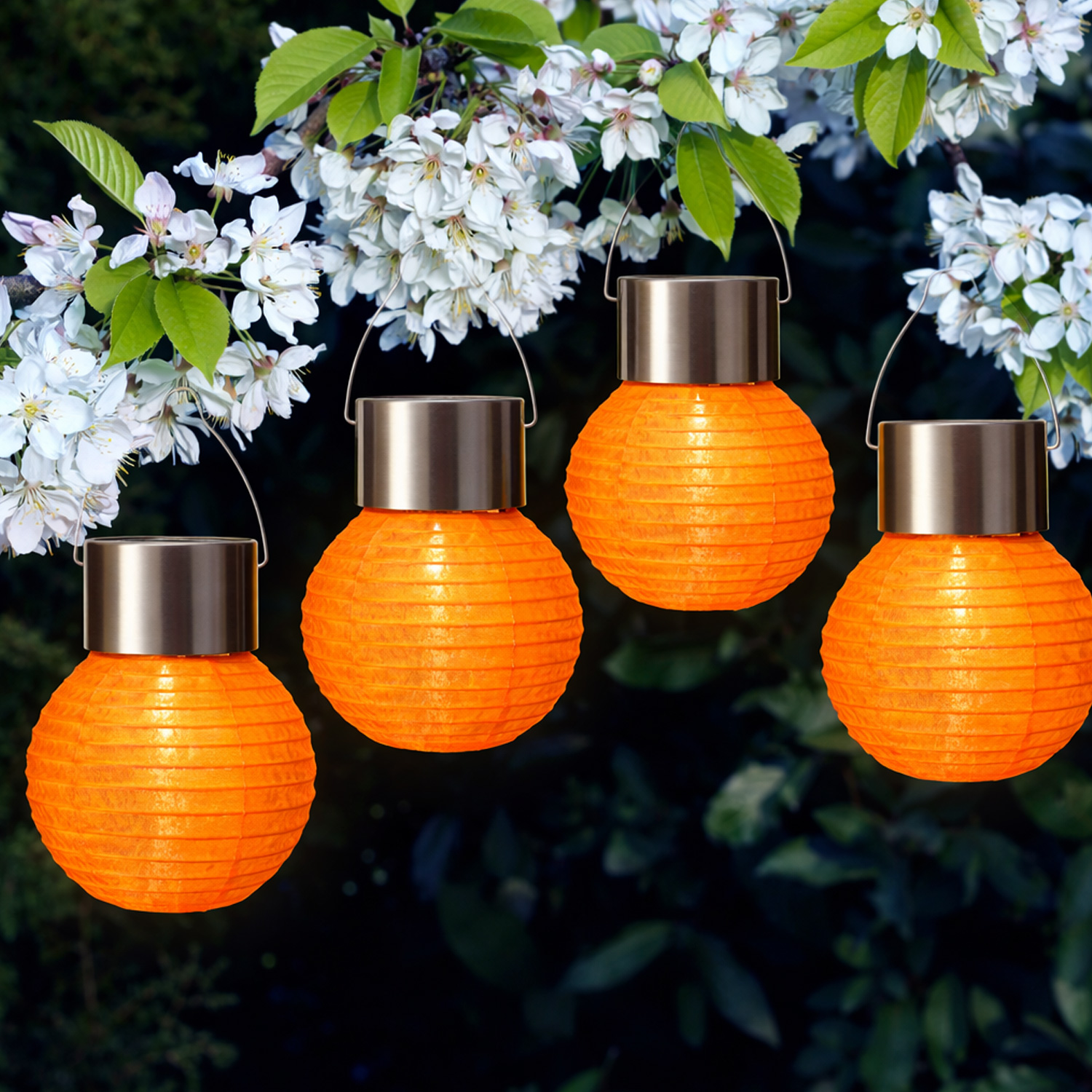 LED Solar Mini Lampions - kaltweiße LED - H: 9,5cm - D: 7cm - Lichtsensor - orange - 4er Set