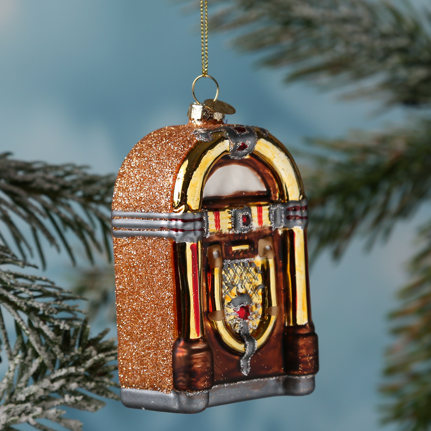 Weihnachtsbaumschmuck JUKEBOX - Glas - inkl. Aufhänger - glänzend und glitzernd - H: 11,5cm - braun