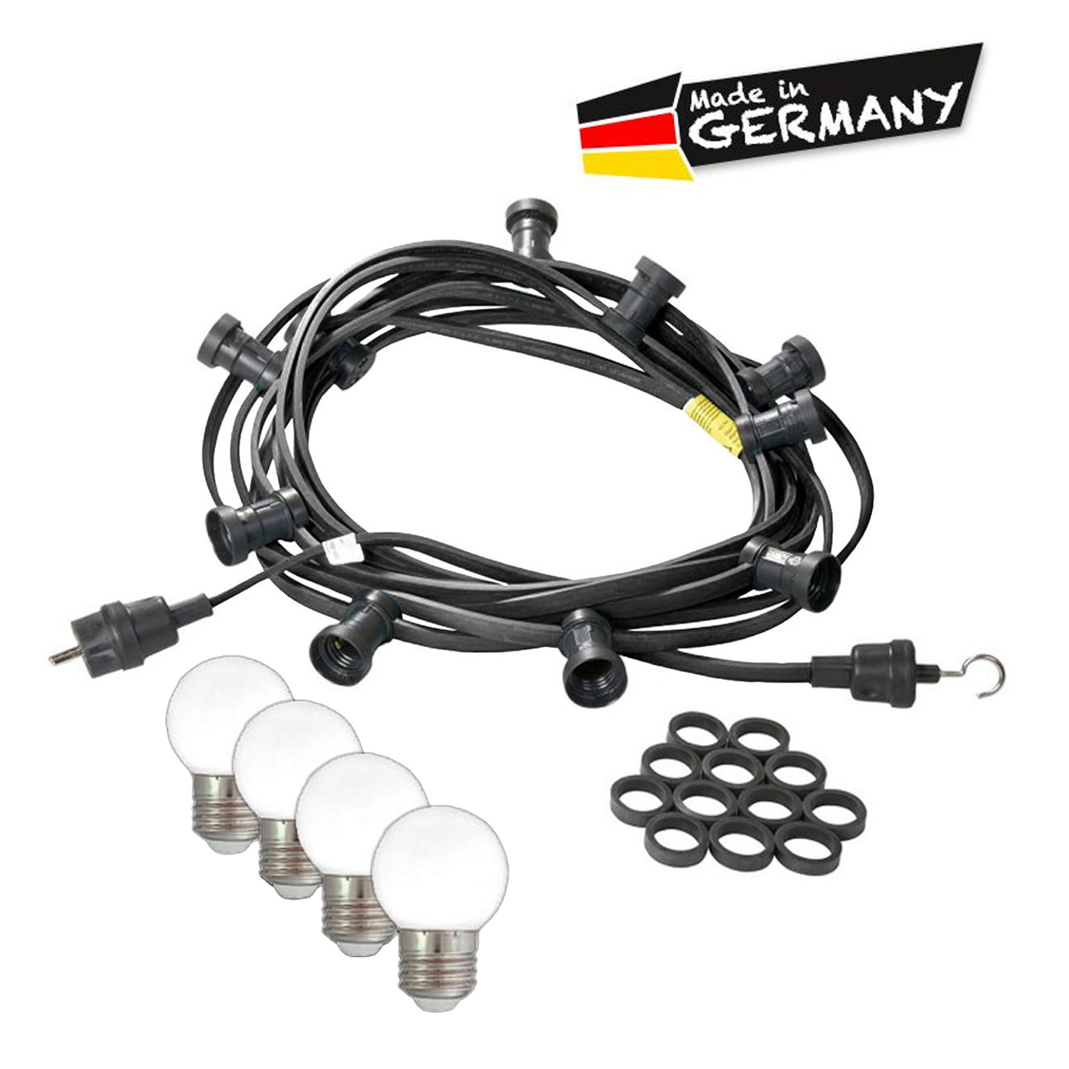 Illu-/Partylichterkette 10m - Außenlichterkette schwarz - Made in Germany- 30 kaltweiße LED Kugellampen
