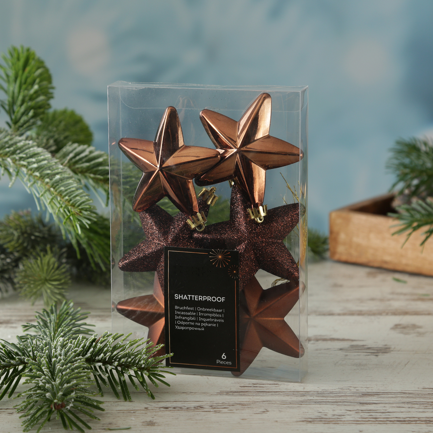 Christbaumschmuck STERNE - Weihnachtsbaumschmuck - bruchfest - H: 7,5cm - braun - 6er Set