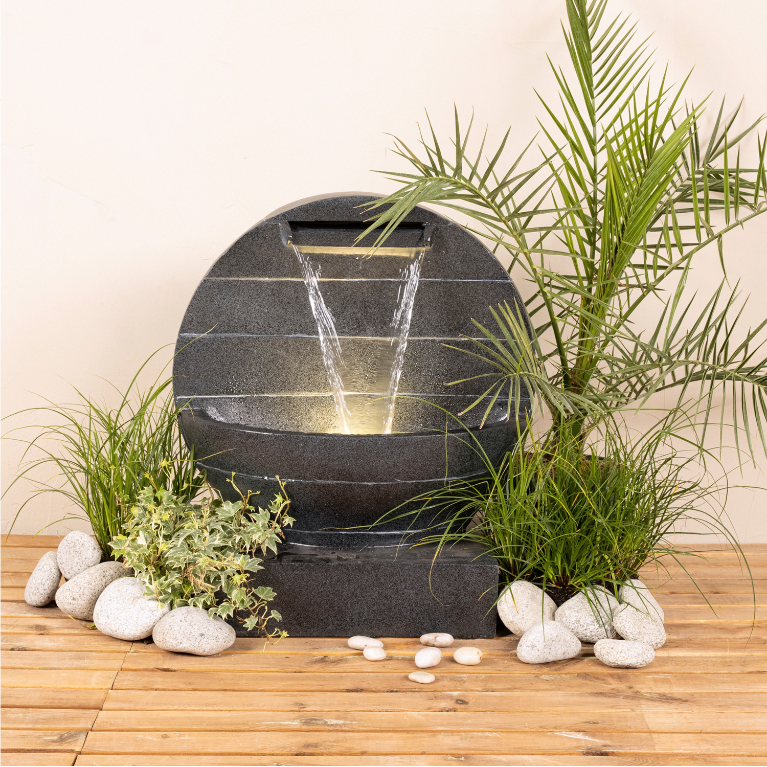 Brunnen - Gartenbrunnen - Polyresin - 6 warmweiße LED - H: 59cm - Außentrafo - anthrazit