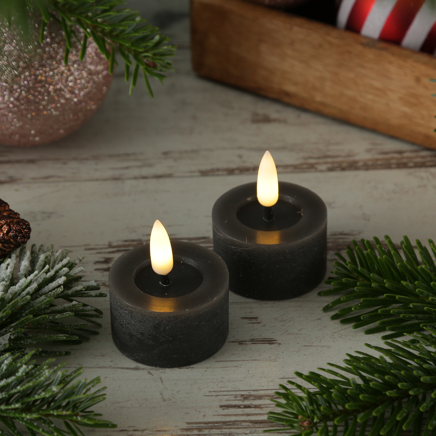 LED Teelichter LINA - Rustik-Optik - Echtwachs - Timer - mit Batterien - D: 4,5cm H: 5cm - 2St.