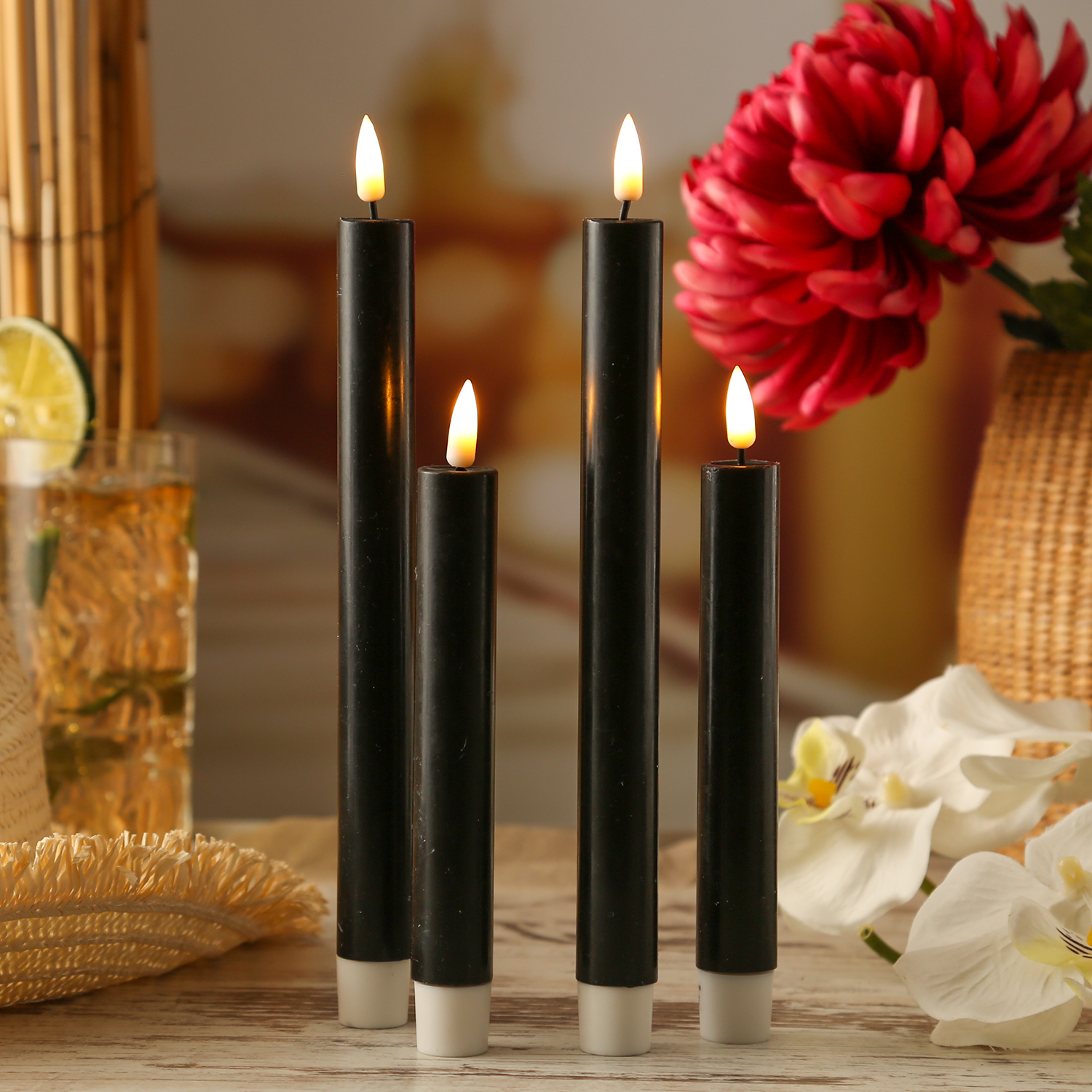 LED Stabkerzen MIA - Echtwachs - realistische 3D Flamme - H: 24cm - Batteriebetrieb - schwarz - 2 St