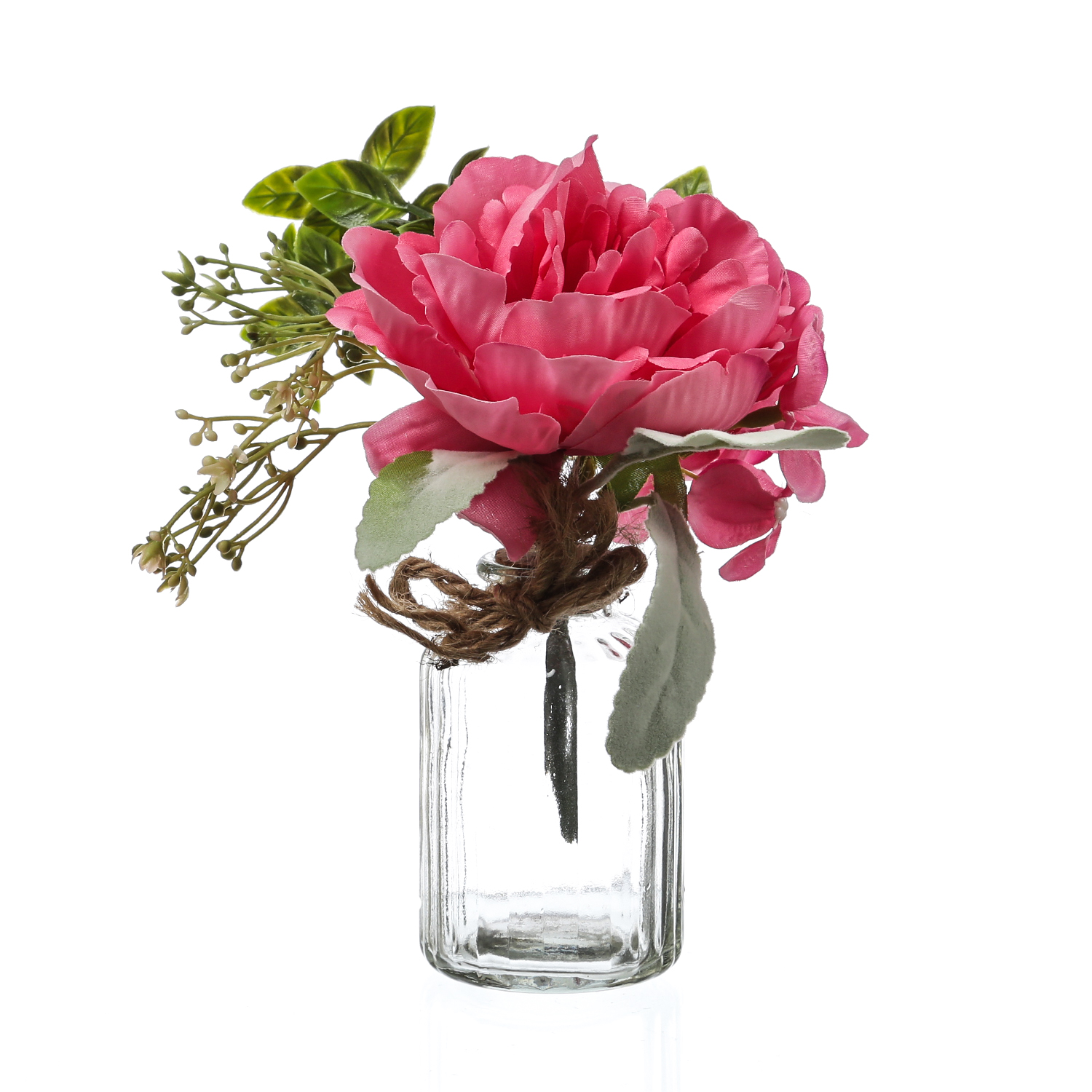 Kunstblumenstrauß in Mini Glasvase - Pfingstrose und Hortensie in Blumenvase - H: 20cm - pink