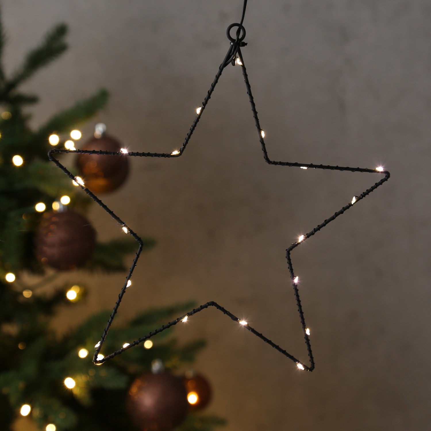 LED Hängestern FROHES FEST - Metallstern - 5-zackig - D- 27cm - 20 LED - Batteriebetrieb - schwarz